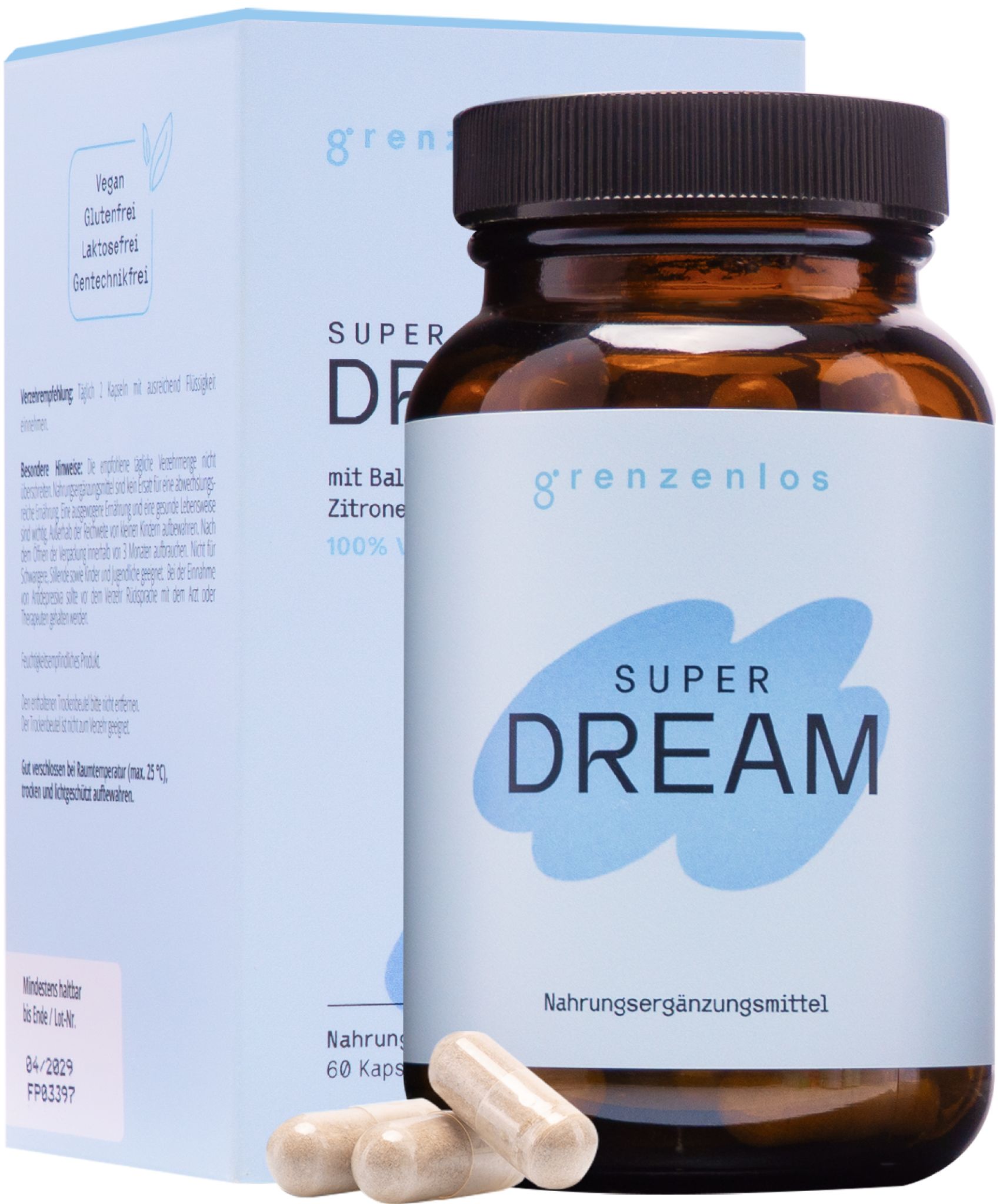 grenzenlos® SUPER DREAM Kapseln und Flasche neben geöffneter Verpackung. Vegan, Glutenfrei.