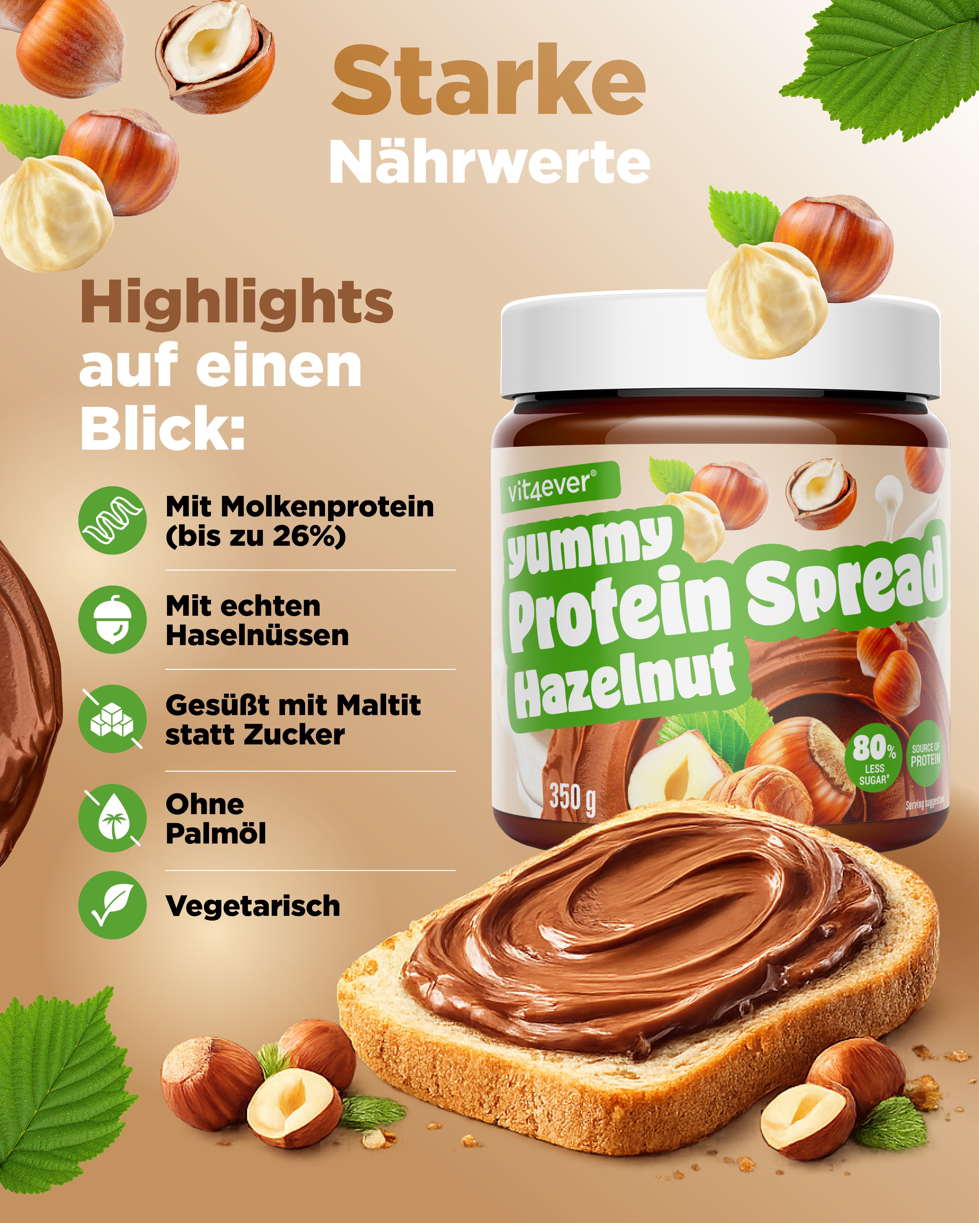 Vit4ever Yummy Protein Spread Haselnuss: Starke Nährwerte, mit Molkenprotein (bis 26%), echten Haselnüssen, gesüßt mit Maltit.