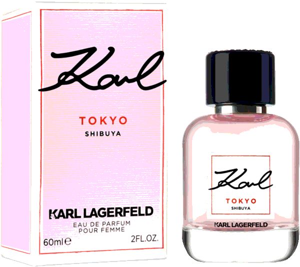 Karl Tokyo Shibuya Flakon und Verpackung. Rosa Verpackung mit schwarzem Schriftzug. Flakon mit schwarzem Deckel.