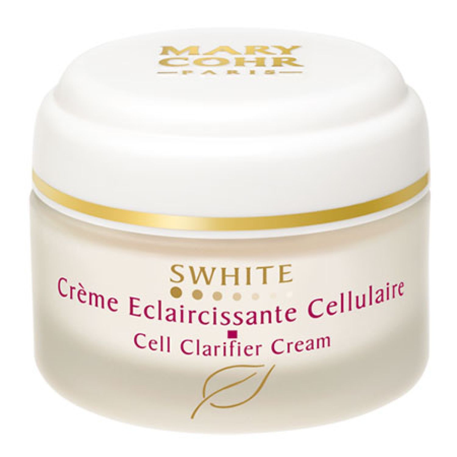 Creme-Glas mit Deckel. Aufschrift: MARY COHR PARIS, SWHITE, Crème Eclaircissante Cellulaire, Cell Clarifier Cream. Goldener Zierstreifen.