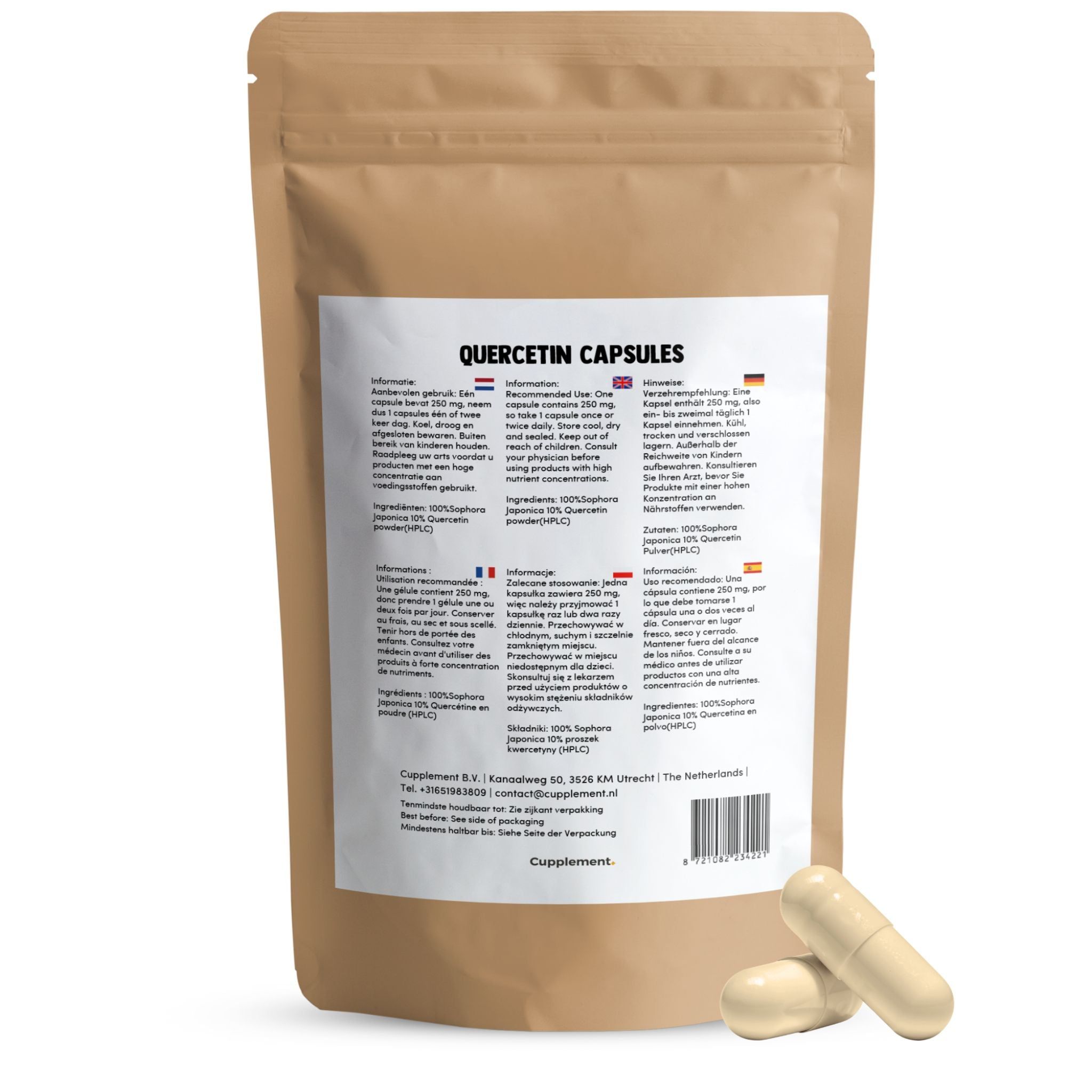 Beutel mit Quercetin-Kapseln. Aufschrift: Quercetin Capsules. Zwei Kapseln liegen daneben.