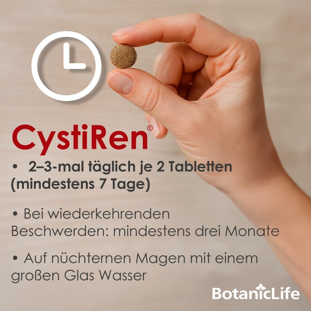 Hand hält Tablette. Text: "CystiRen". Dosierung: 2-3 mal täglich 2 Tabletten. Einnahme mit Wasser auf nüchternen Magen.