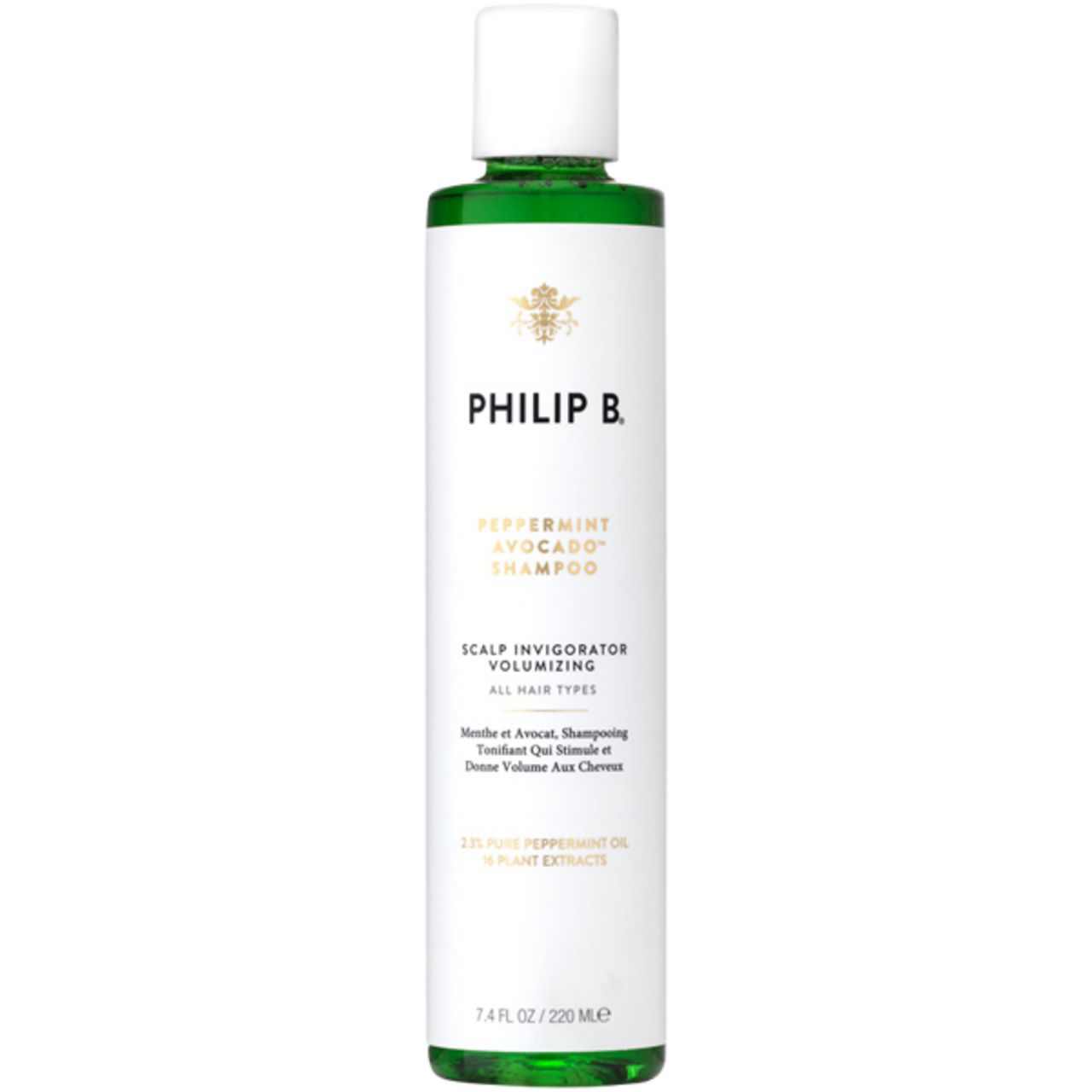 Weiß-grüne Shampoo-Flasche mit weißem Deckel. Aufschrift: Philip B, Peppermint Avocado Shampoo. Text: Scalp Invigorator Volumizing.