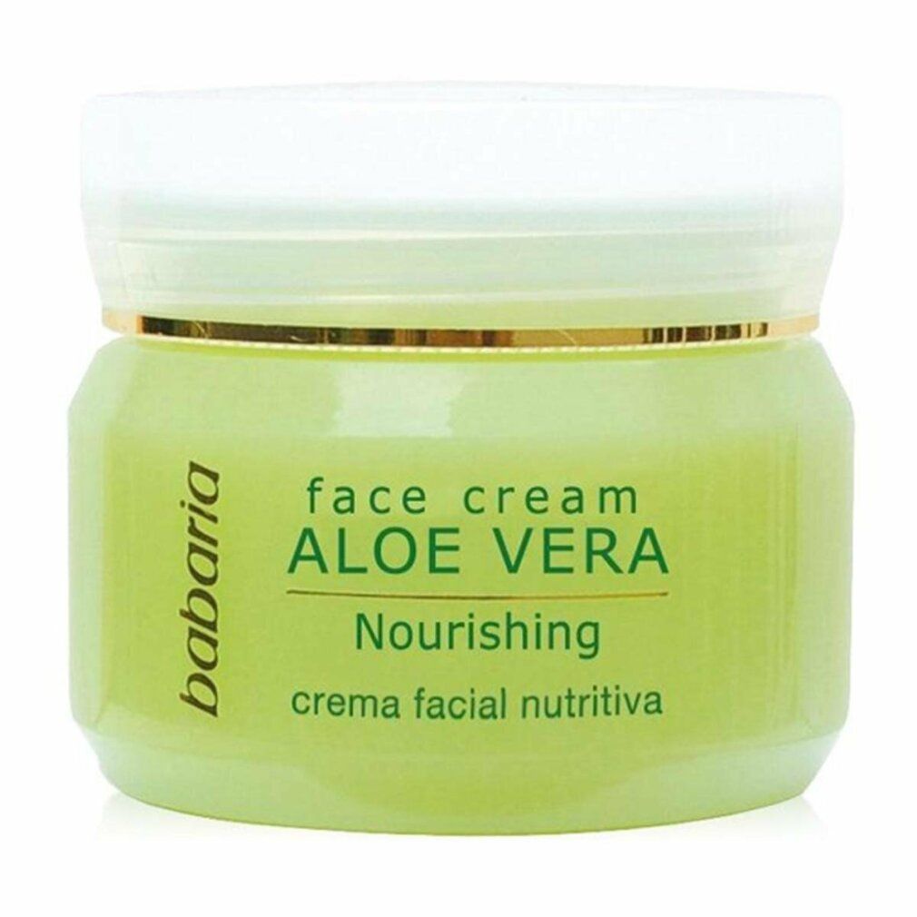 Glas-Tiegel mit Babaria-Logo. Text: face cream ALOE VERA Nourishing crema facial nutritiva. Goldener Deckelrand.
