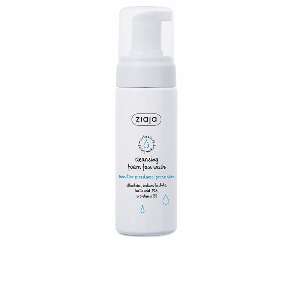 Weiße Flasche mit Pumpverschluss. Aufschrift: Ziaja, cleansing foam face wash. Für empfindliche Haut. Blaue Tropfen-Symbole.
