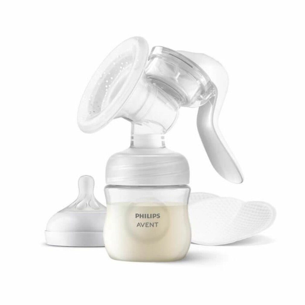 PHILIPS AVENT manuelle Milchpumpe. Transparente Pumpe, Flasche, Sauger und Brusthaube. Milch sichtbar.
