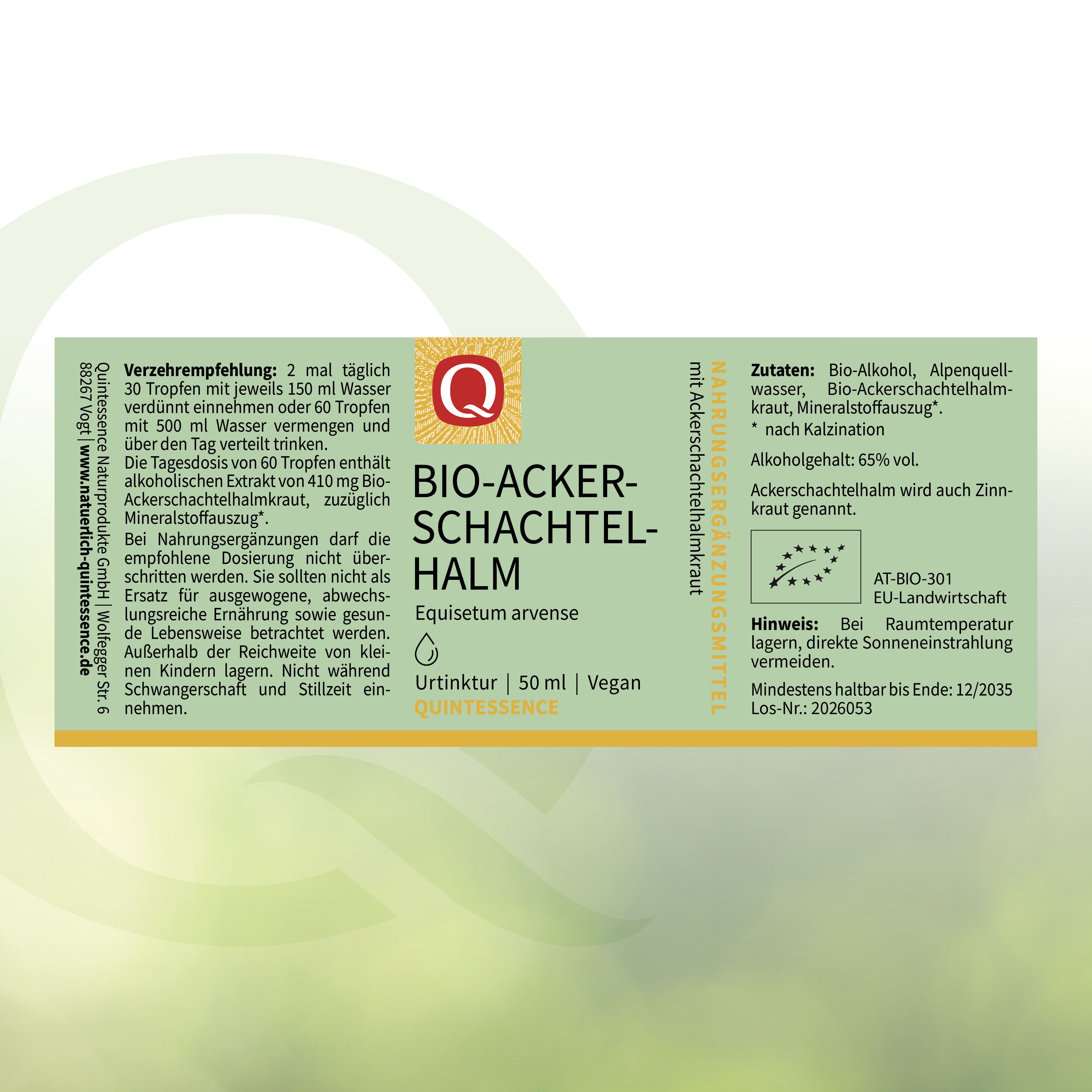 Rückseite eines Quintessence Bio-Ackerschachtelhalm Tinktur Etiketts mit Anwendungshinweisen und Inhaltsstoffen.
