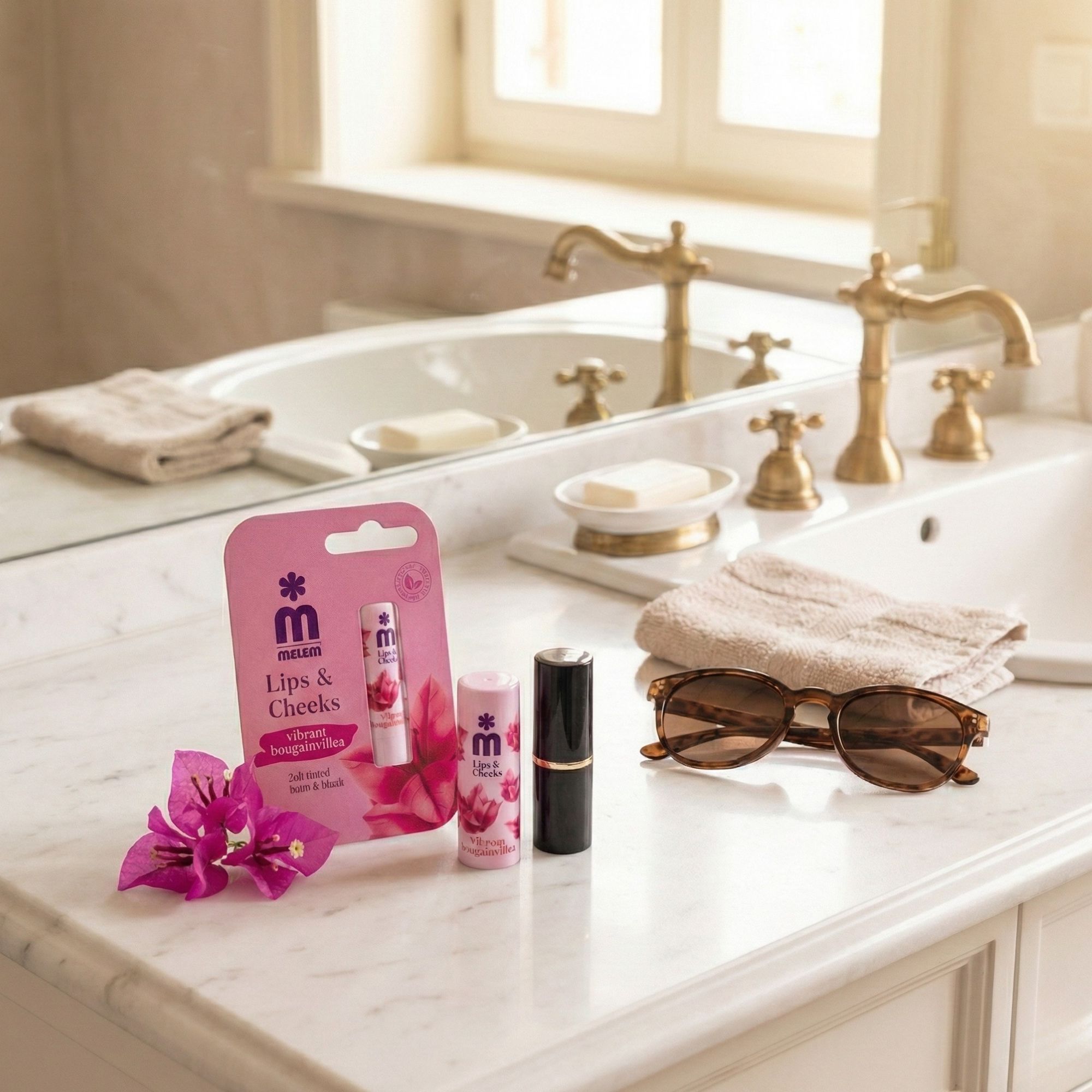 Produktverpackung, Lippenbalsam und Lippenstift auf Marmoroberfläche. Spiegel und Accessoires im Hintergrund. Produktname: Melem Lips & Cheeks.