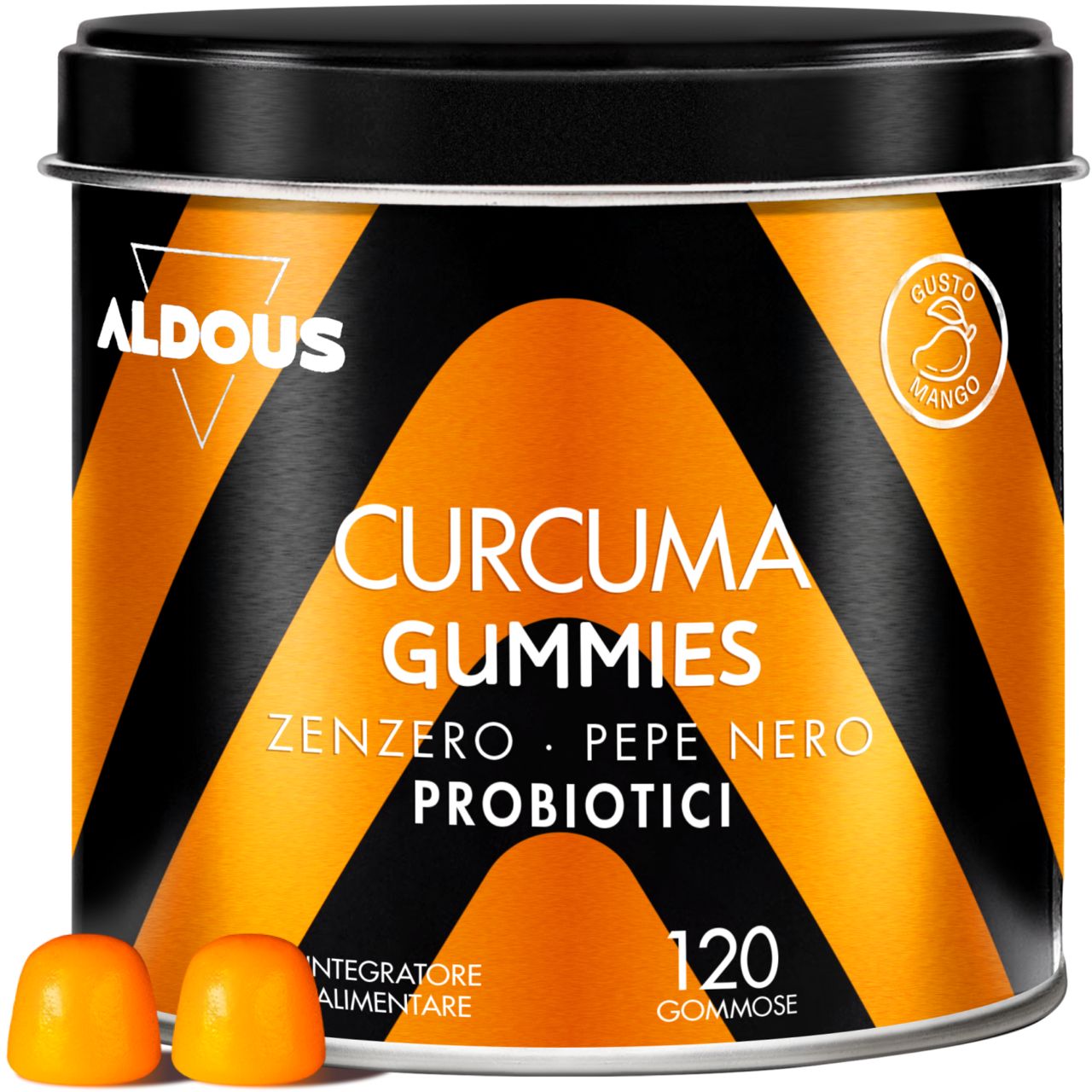 Aldous Curcuma Gummies Dose mit Mango-Geschmack, 120 Stück.
