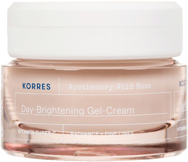 KORRES Apothecary Wild Rose Day-Brightening Gel-Cream-Tiegel. Rosa Creme in einem Glasbehälter mit weißem Deckel.