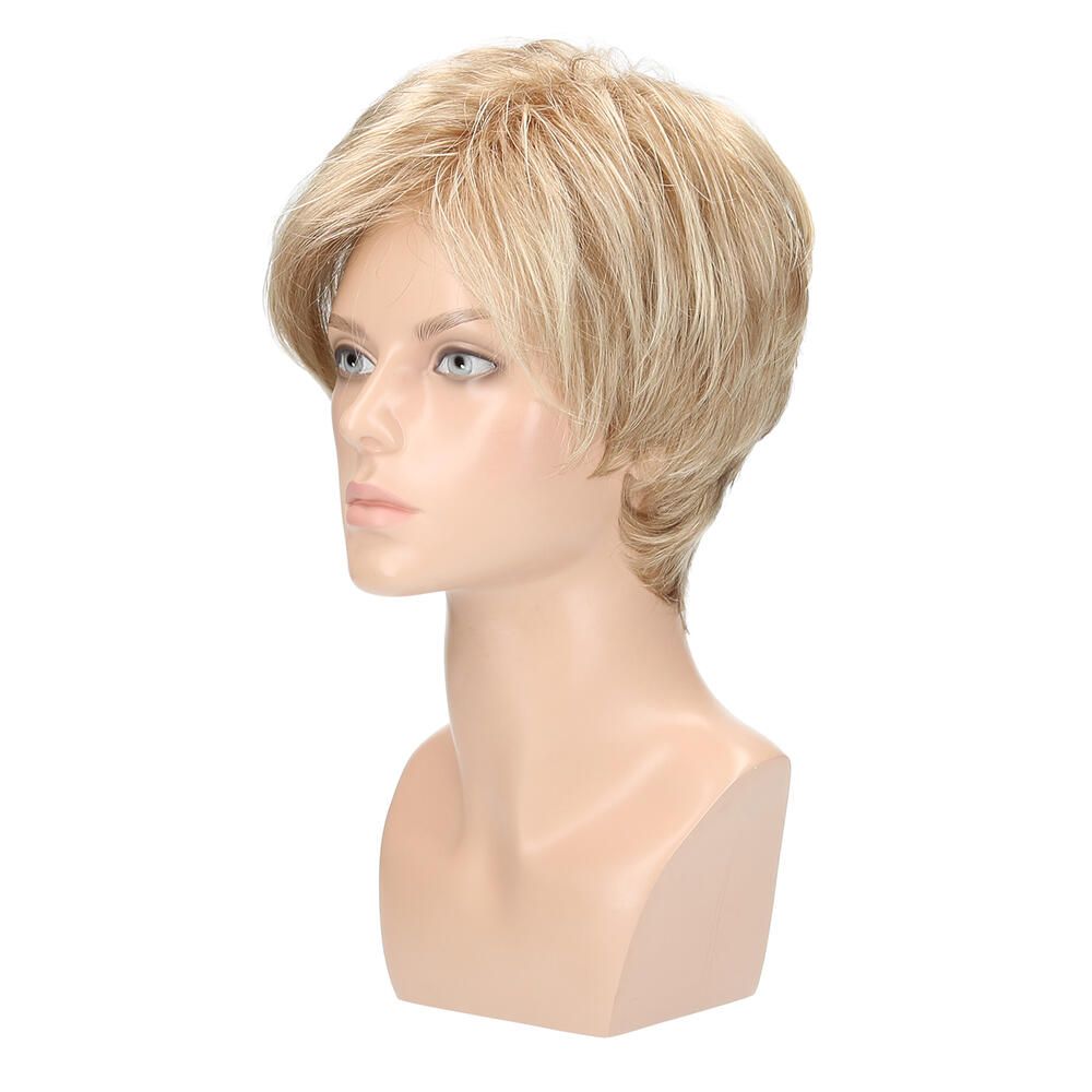Perücke AMSTERDAM Comfort, Honigblond gesträhnt, auf einem Schaufensterkopf. Seitenansicht.