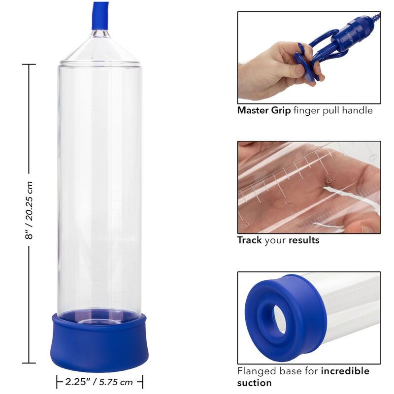 Pumpe mit Maßen. Zylinder, Griff, Basis. Text: Master Grip, Track your results, Flanged base.