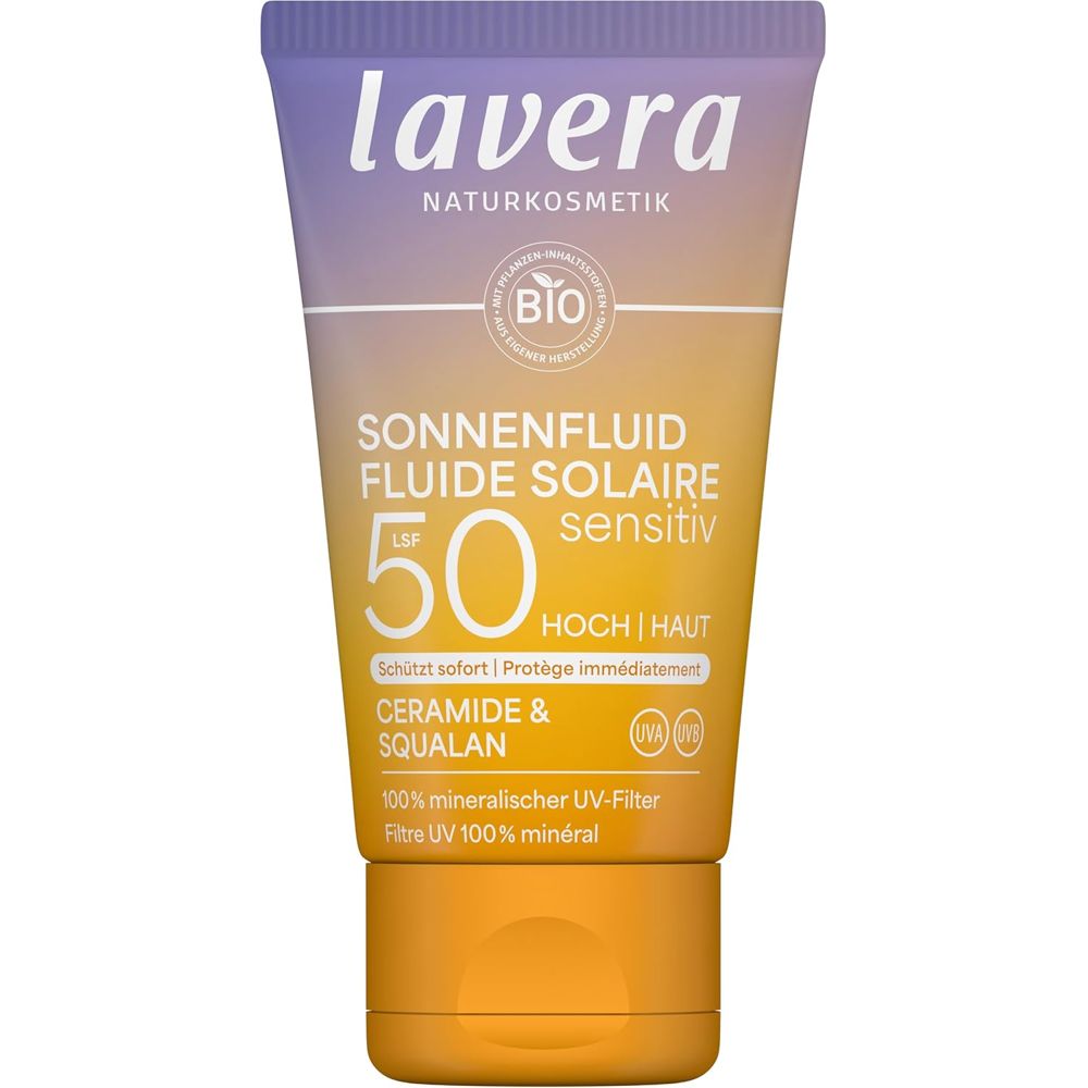 Sonnenlotion-Tube mit LSF 50. Marke: lavera. Text: Sonnenfluid, sensitiv, 100% mineralischer UV-Filter. Bio-Siegel.
