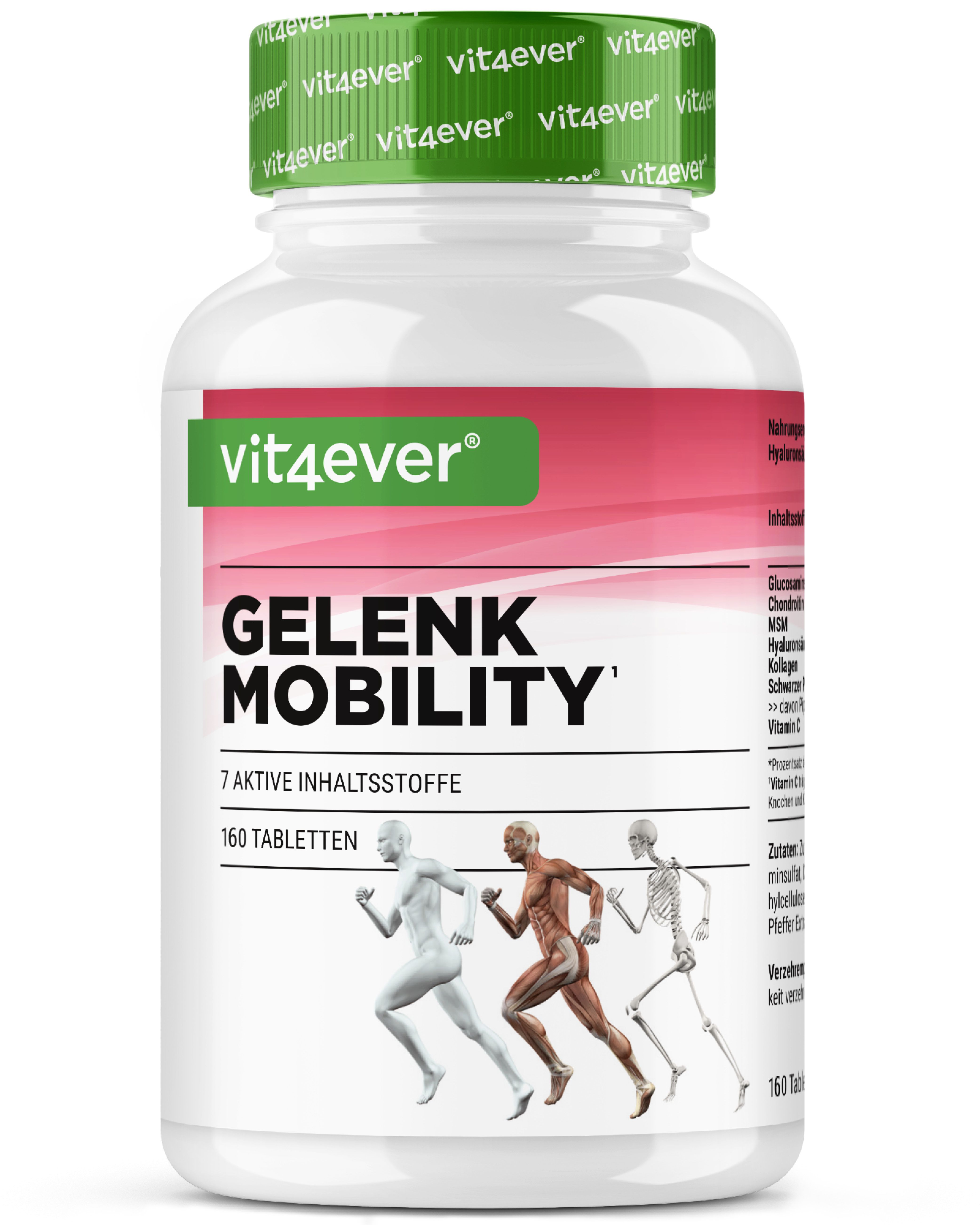 Weiße Flasche mit grünem Deckel. Aufschrift: vit4ever Gelenk Mobility, 160 Tabletten. Abbildung von Läufern.