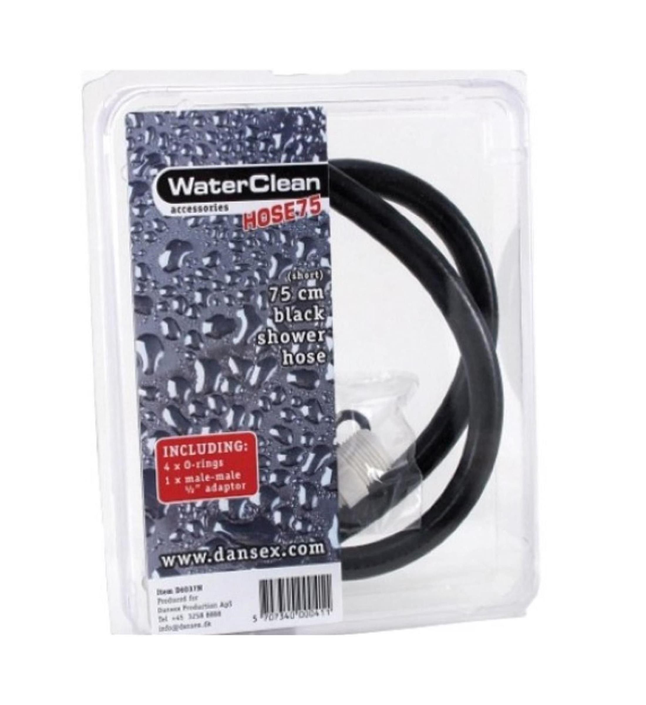 Schwarzer Duschschlauch, 75 cm, in Plastikverpackung. Enthält 4 O-Ringe und einen Adapter. Aufschrift: WaterClean, Hose75.