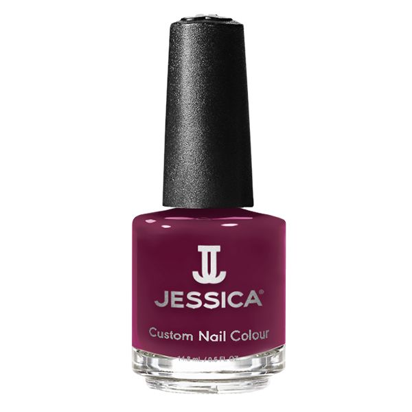 Flasche JESSICA Custom Nail Colour. Dunkelroter Nagellack mit schwarzem Deckel. Marke und Produktbezeichnung sind auf der Flasche aufgedruckt.