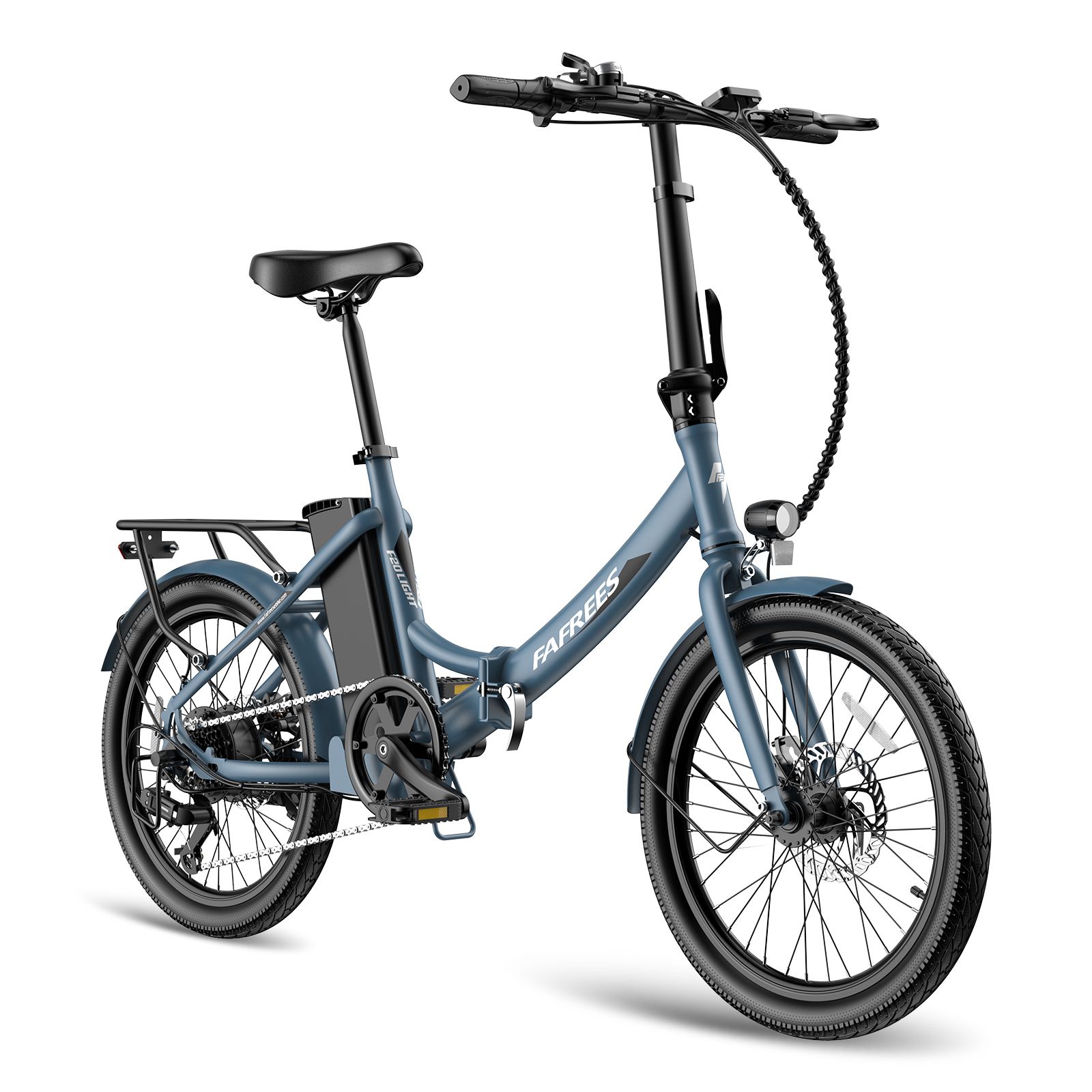 Blaues Fafrees F20Light E-Bike, diagonale Ansicht. Schwarze Reifen, Gepäckträger, Akku und Sattel. Fafrees-Logo.