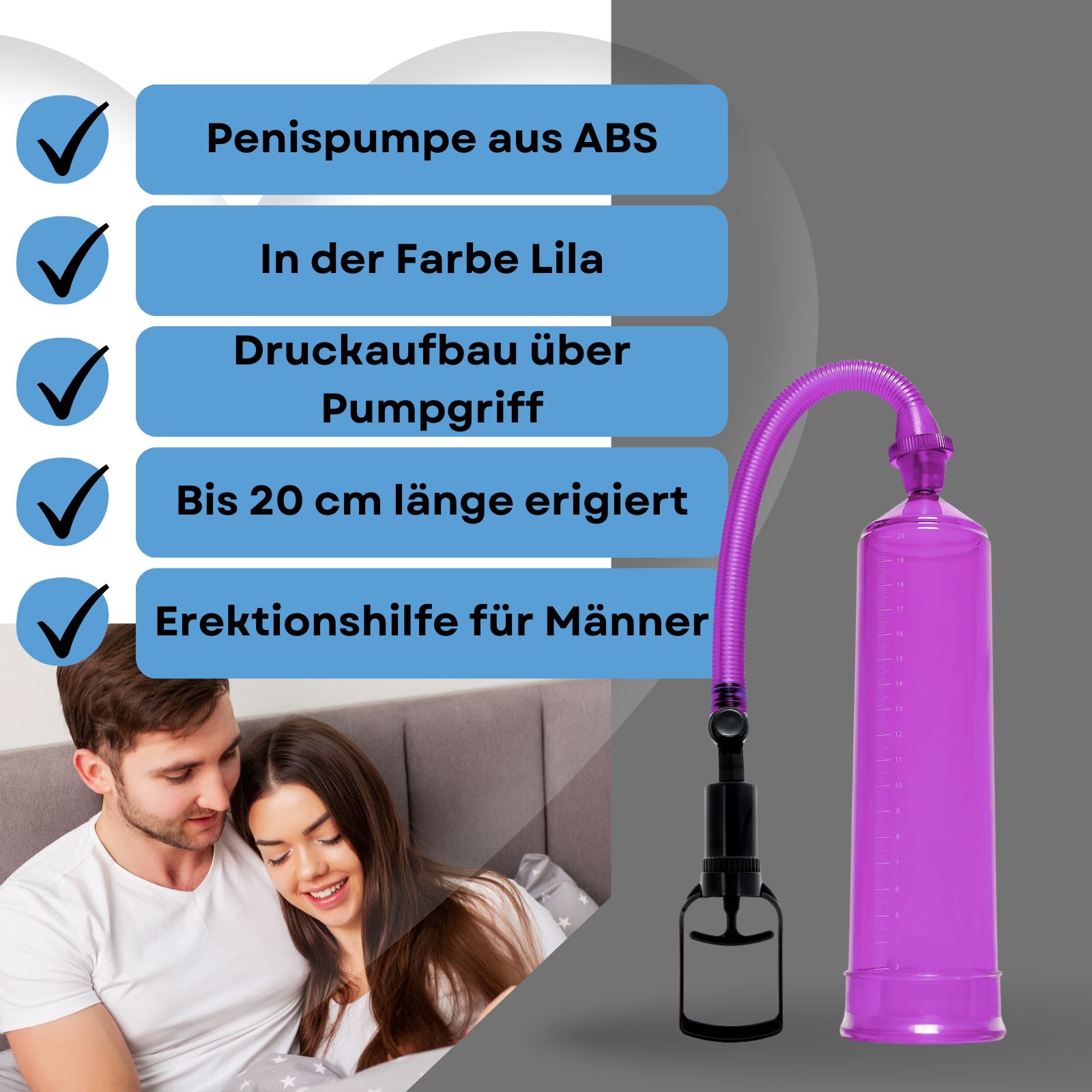 Penis-Pumpe, lila, mit Pumpgriff und Schlauch. Paar im Bett. Text: Erektionshilfe, 20cm.