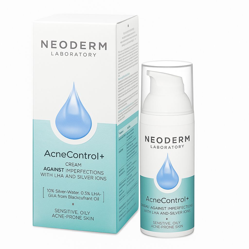 Produktverpackung und Flasche. Aufschrift: NEODERM, AcneControl+, gegen Unreinheiten mit LHA und Silberionen. Für empfindliche, fettige, zu Akne neigende Haut.