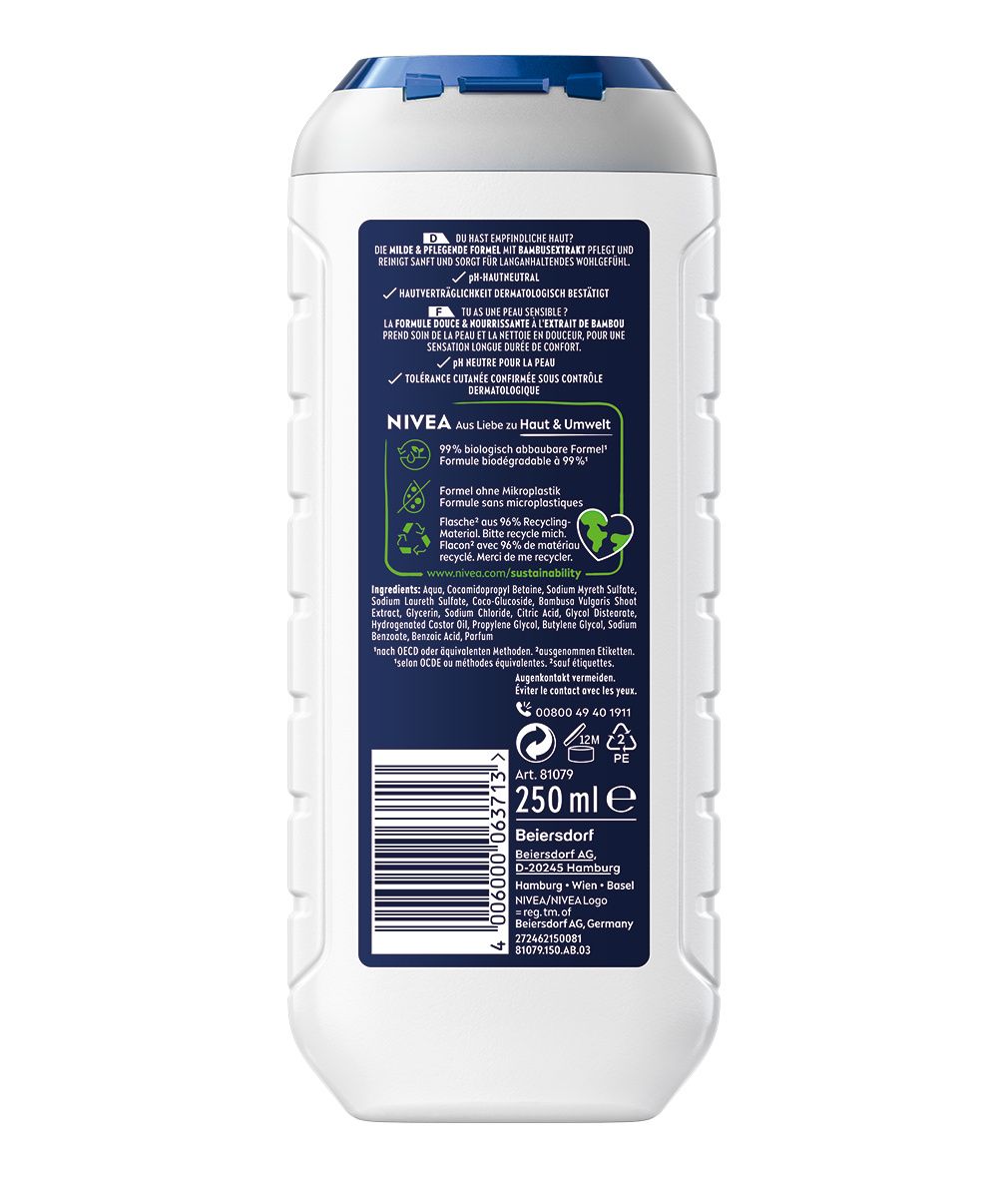 Rückseite einer NIVEA MEN Sensitive Duschgel-Flasche. Weiße Flasche mit blauer Beschriftung. Text: Inhaltsstoffe, 250 ml, Recycling-Logo.