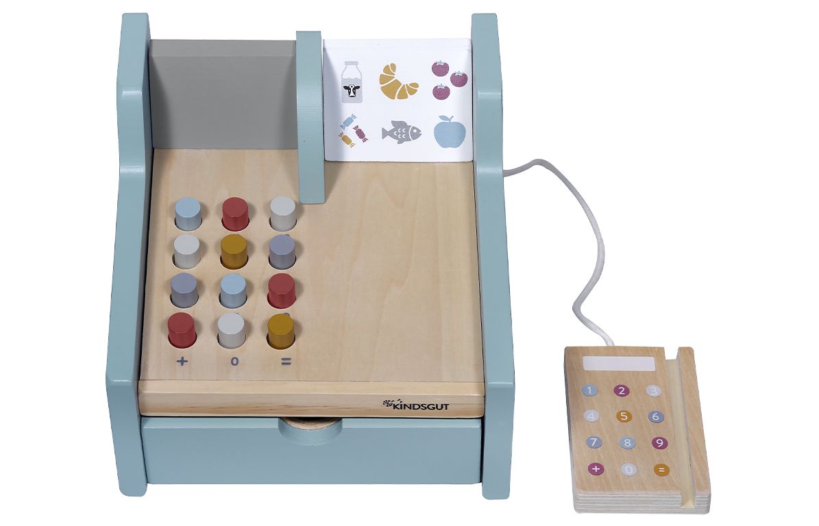 Spielkasse aus Holz mit Knöpfen, Schublade und Scanner. Aufkleber mit Lebensmitteln. Marke Kindsgut.
