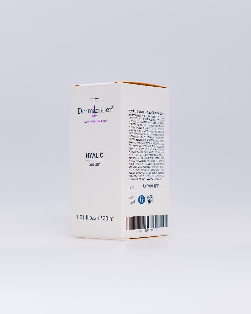 Dermaroller Hyal C Serum Kartonverpackung mit Produktinformationen, Inhaltsstoffen und Chargennummer.