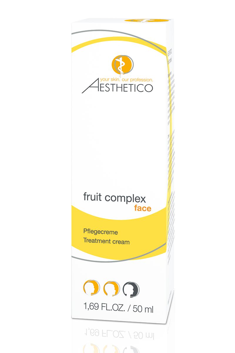 Weiße Faltschachtel mit gelben Akzenten. Aufschrift Aesthetico, fruit complex face, Pflegecreme. Unten: 1,69 FL.OZ. / 50 ml.