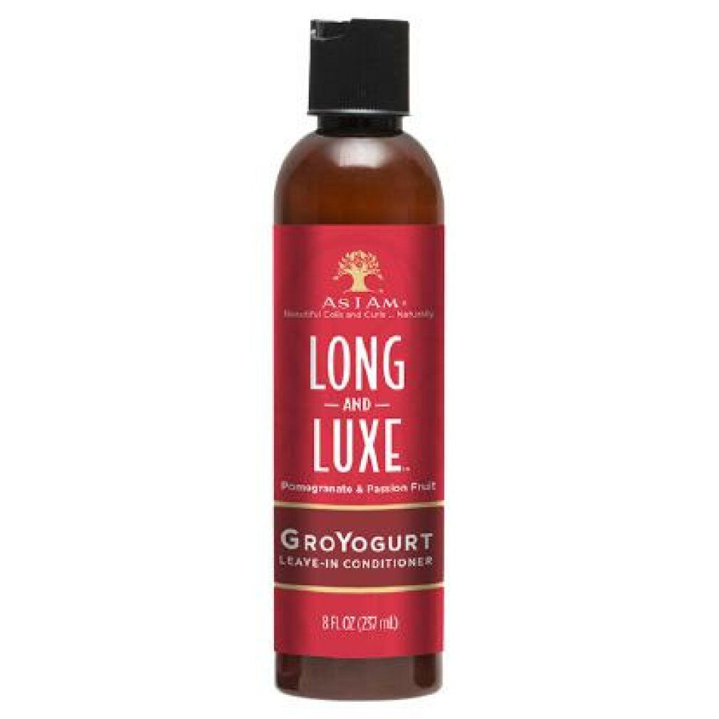 Braune Flasche mit rotem Etikett. Text: LONG AND LUXE, GroYogurt Leave-In Conditioner. Schwarzer Deckel. 8 fl oz (237 ml).