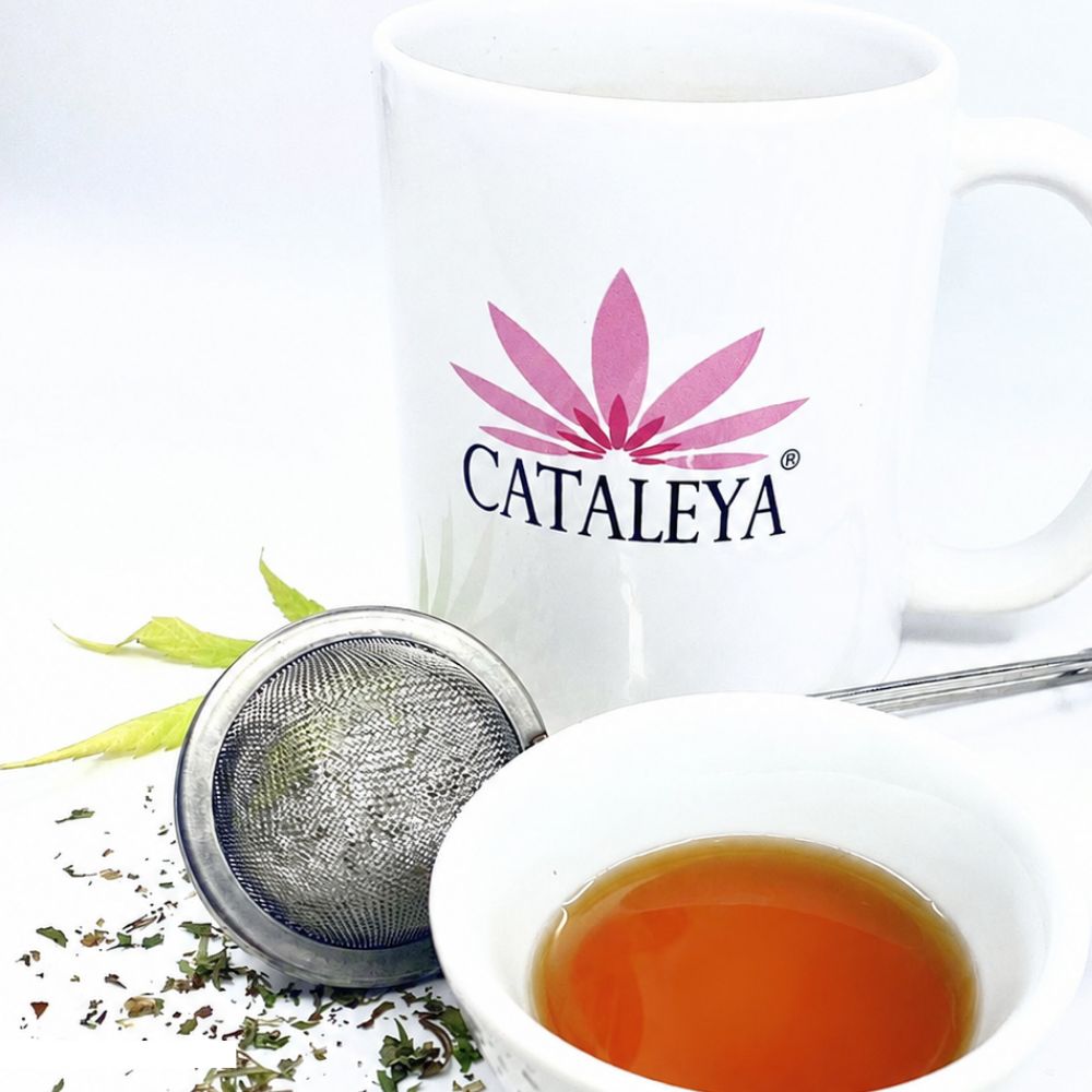 Tasse mit CATALEYA Logo, Tee-Ei und einer Schale Tee.