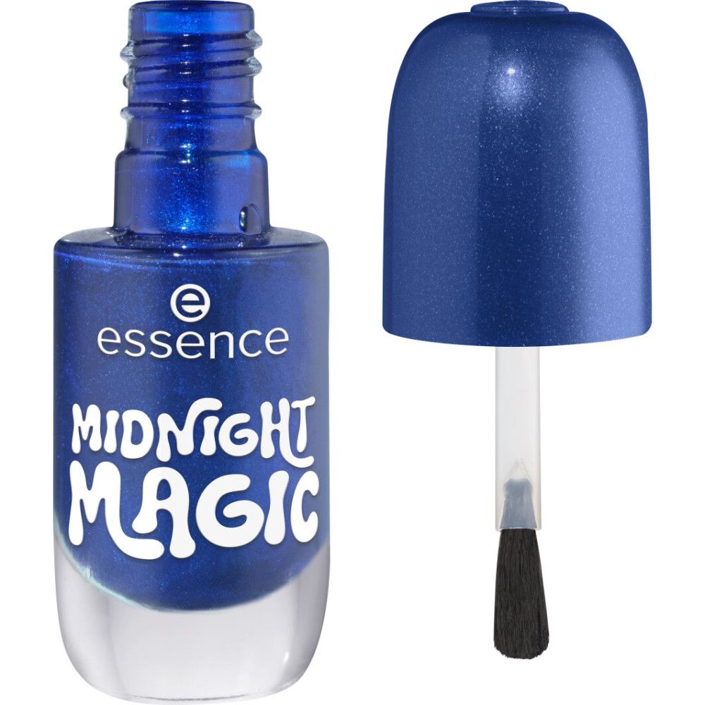 Essence Nagellack 'Midnight Magic' in Dunkelblau mit Glitzerpartikeln. Flasche und aufgesteckter Deckel mit Applikator.