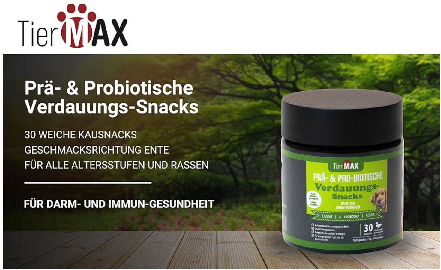 TierMax Prä- & Probiotische Verdauungs-Snacks. Dose, Text, 30 weiche Kausnacks, Geschmacksrichtung Ente. Für Darm- und Immun-Gesundheit.