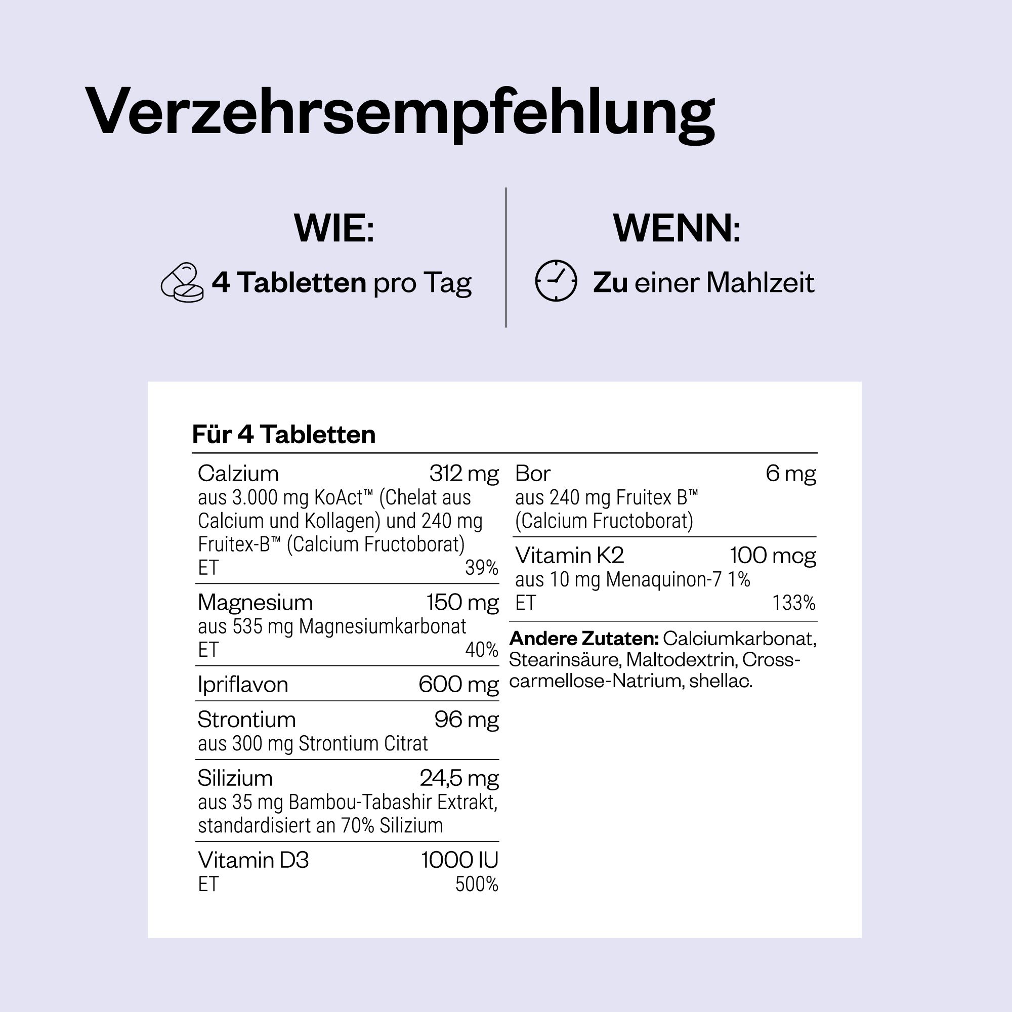 Verzehrempfehlung: 4 Tabletten pro Tag zu einer Mahlzeit. Inhaltsstoffe: Calcium, Bor, Magnesium, Vitamin K2, etc.