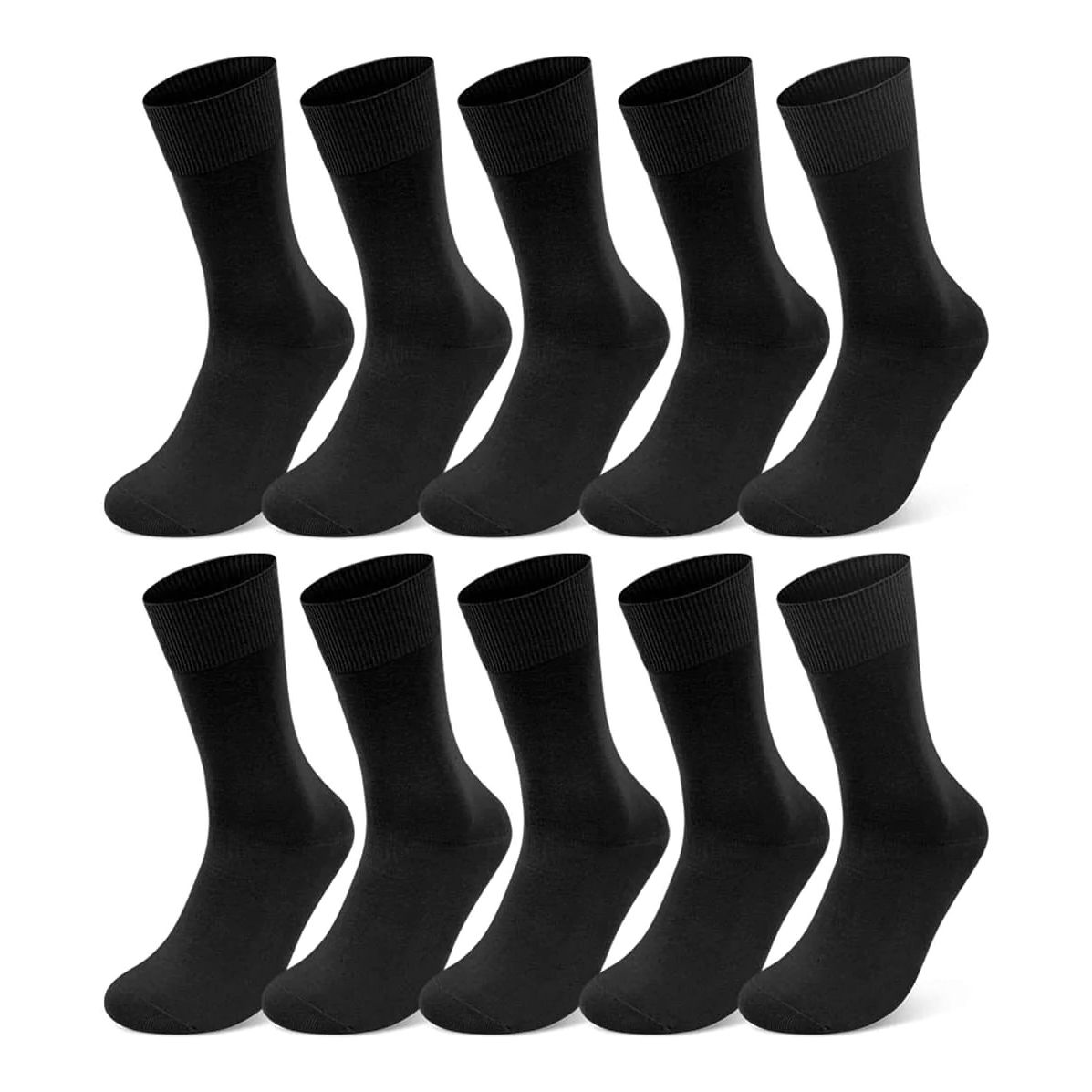 Zwölf schwarze Socken, ohne Etiketten, nebeneinander aufgereiht. Einfarbig, mit geripptem Bündchen.