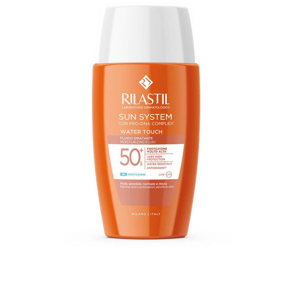 Orangefarbene Flasche mit weißem Deckel. Aufschrift: Rilastil Sun System Water Touch SPF 50+.