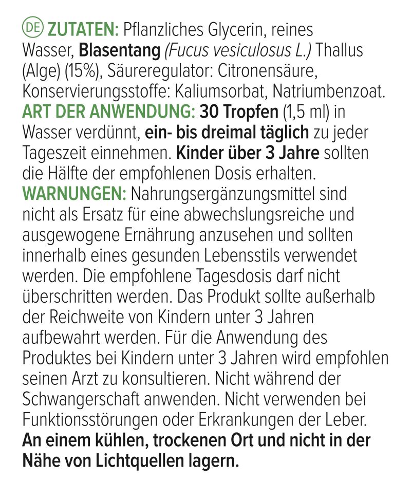 Text auf weißem Hintergrund. Zutaten, Anwendungshinweise und Warnhinweise für ein Nahrungsergänzungsmittel.