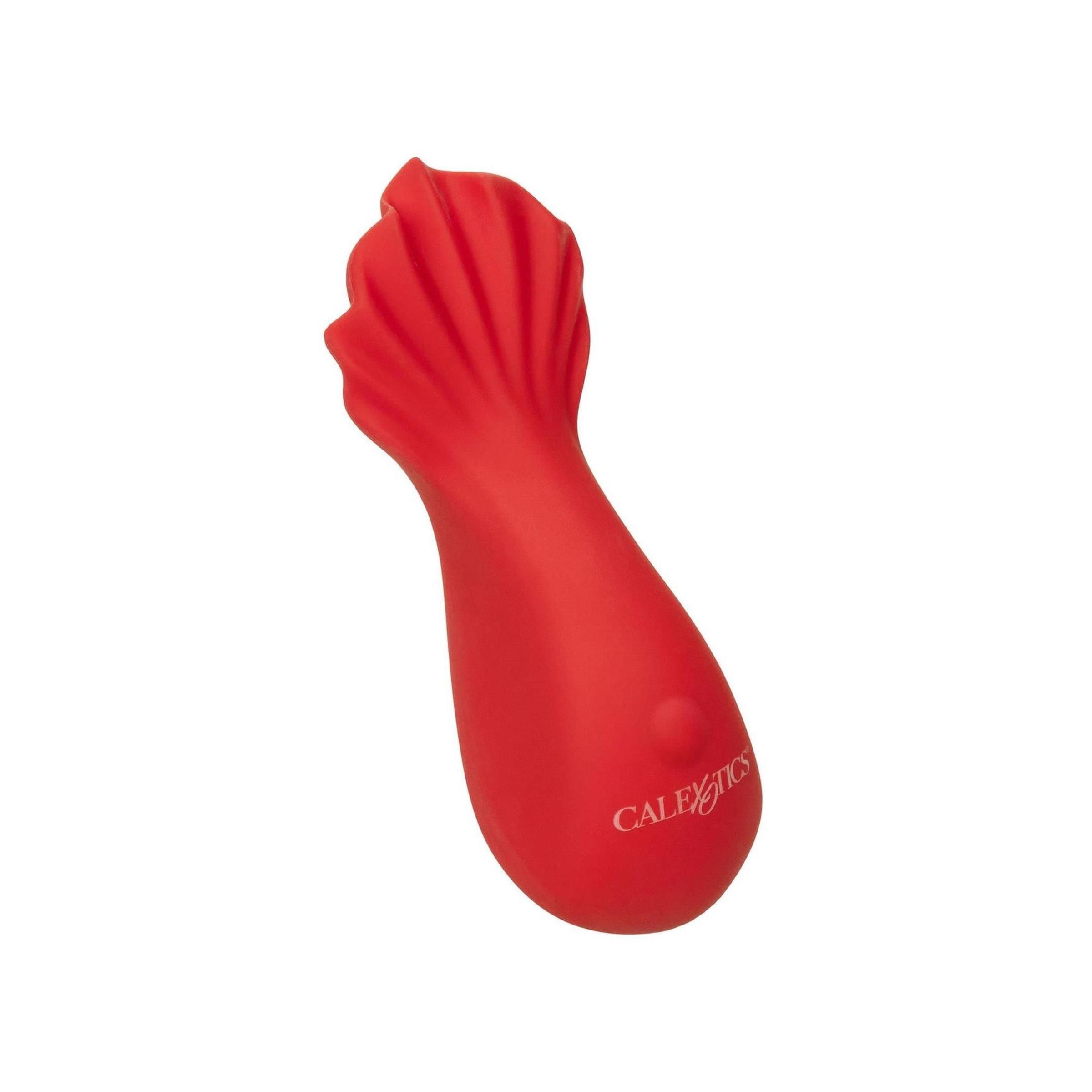 Roter Vibrator mit abgerundeter Form. Das Produkt hat einen Knopf und die Aufschrift "CALEXOTICS". Keine Verpackung sichtbar.