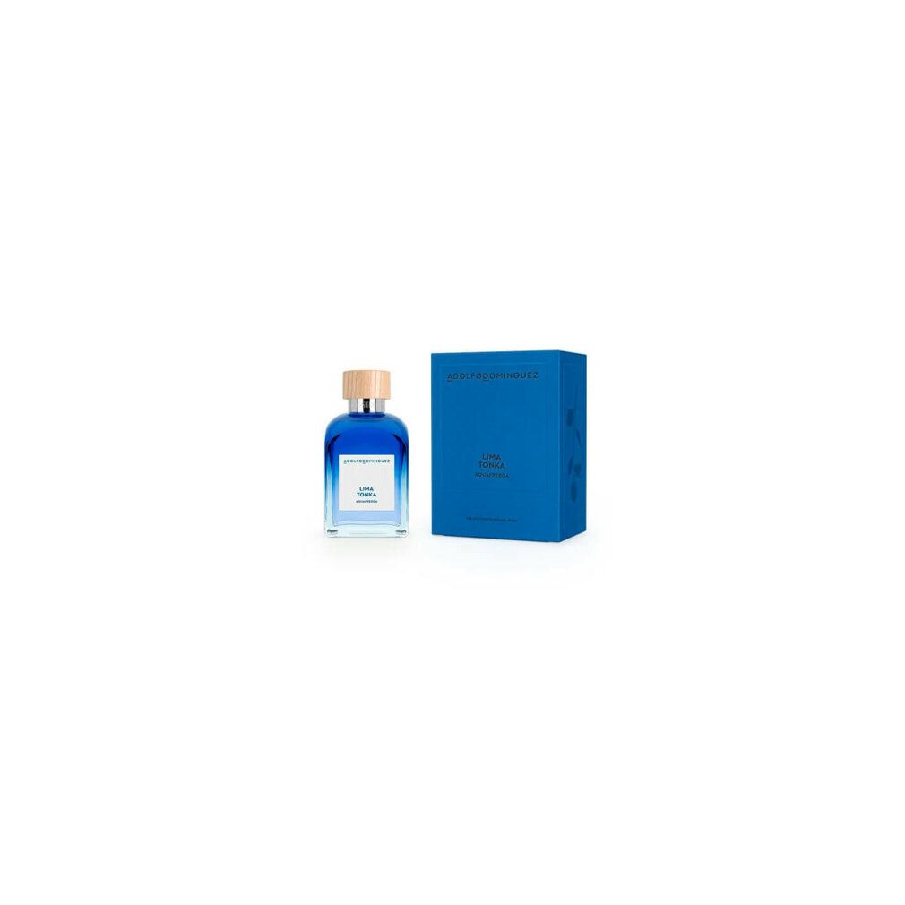 Blaues Parfümflakon mit Holzdeckel und blauer Verpackung. Aufschrift: Agua Fresca Lima Tonka Eau de Toilette.