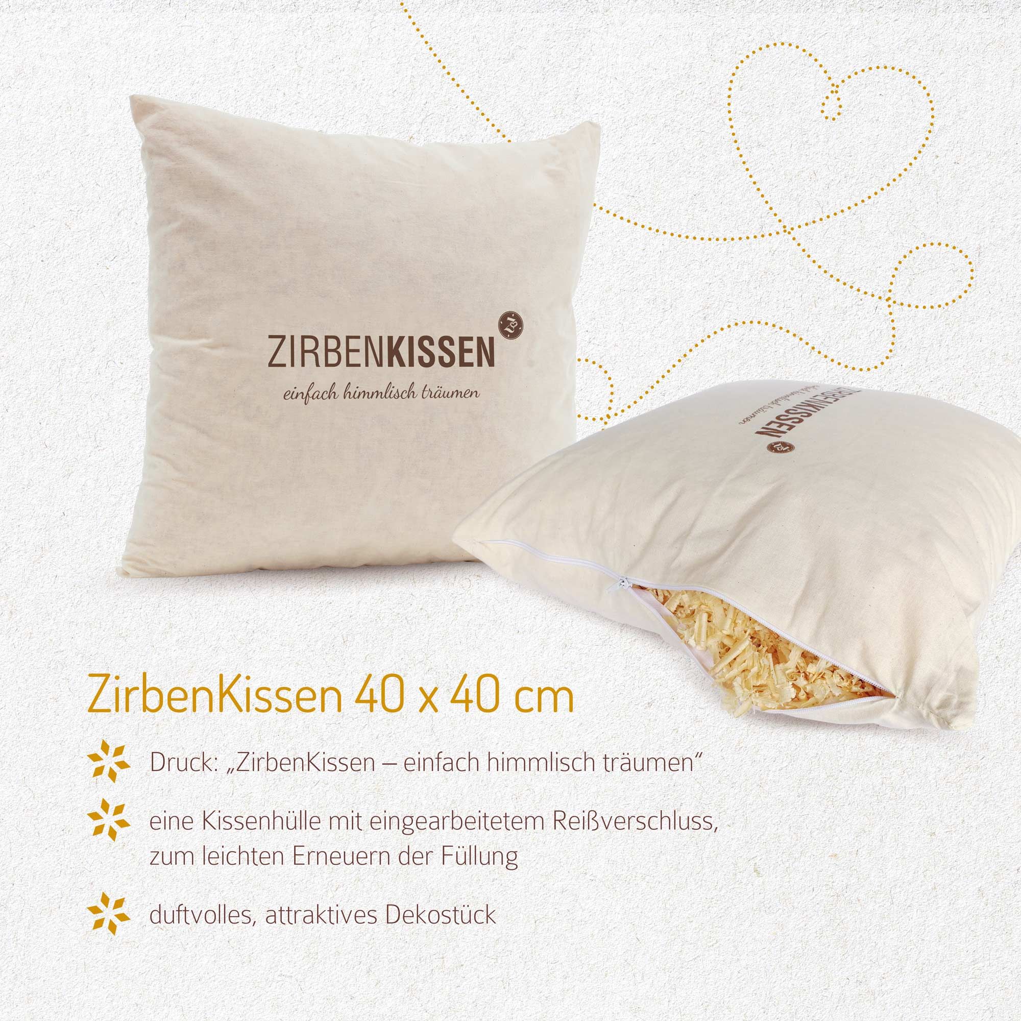 Beige Kissen mit Text. Kissen 40 x 40 cm. Reißverschluss. Füllung sichtbar.