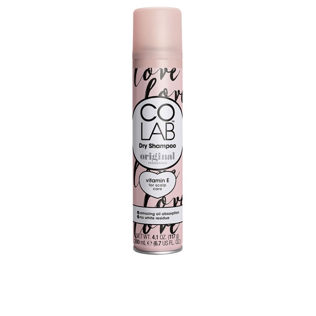 Rosa Sprühflasche mit weißem Schriftzug. Enthält Colab Dry Shampoo Original. Enthält Vitamin E für die Kopfhautpflege.