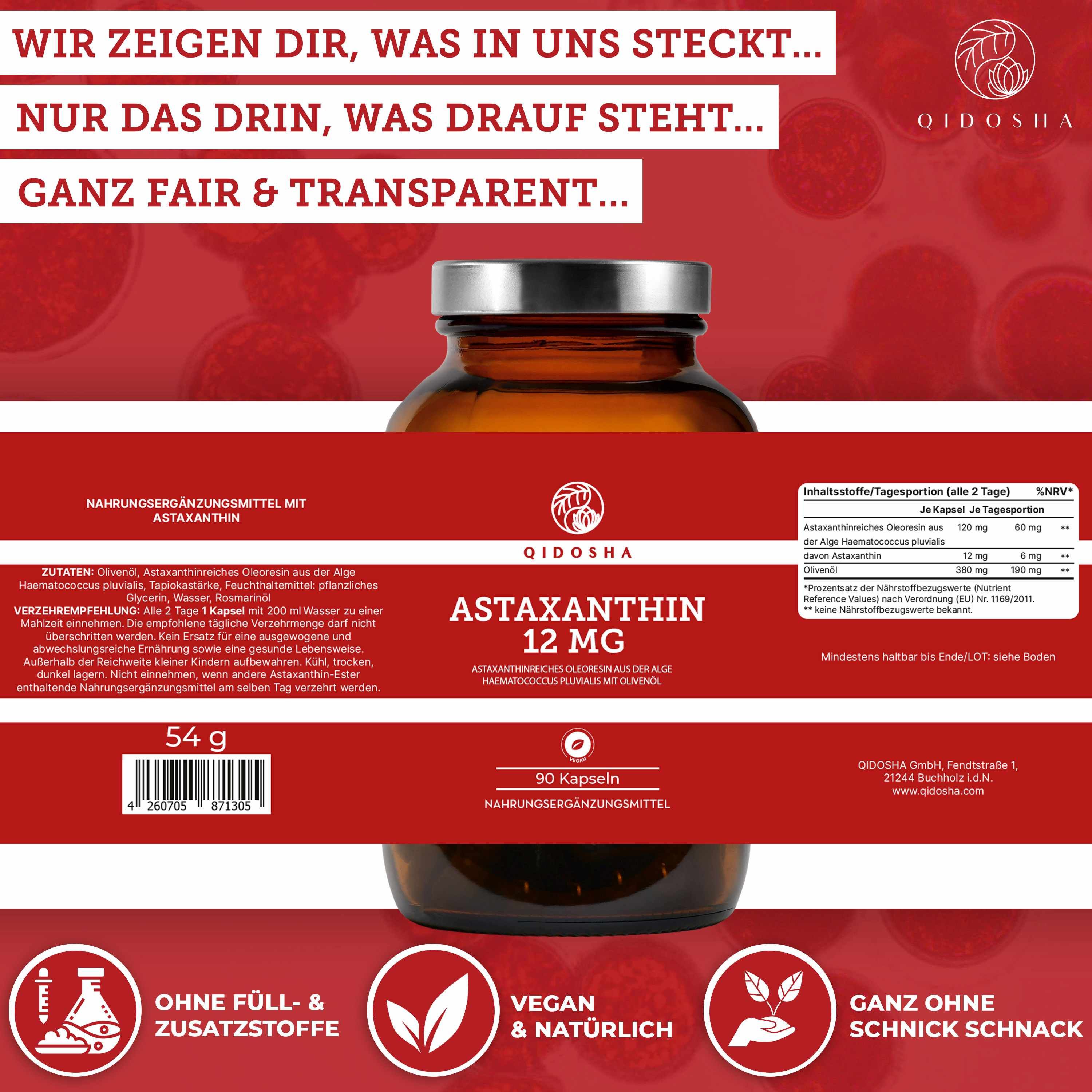 QIDOSHA Astaxanthin 12mg Kapseln in Braunglasflasche. Etikett mit Nährwertangaben und Produktinformationen.