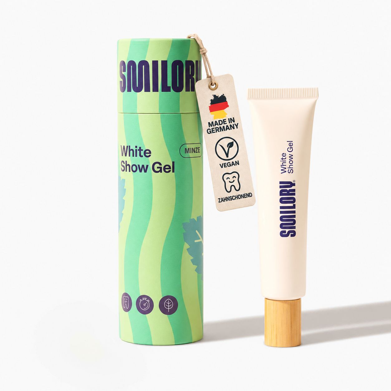 Smilory White Show Gel Tube und Verpackung mit Made in Germany und Vegan Siegel.