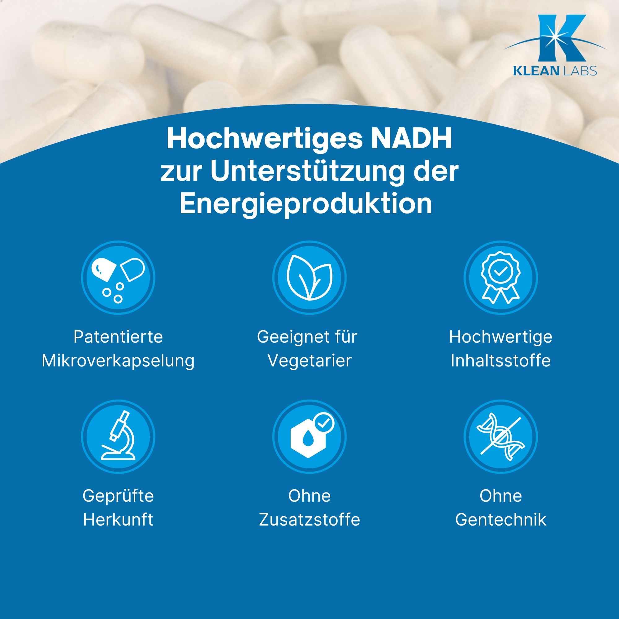 Blaue Infografik mit Text und Symbolen. Enthält Informationen zu NADH. Klean Labs Logo und Kapseln.