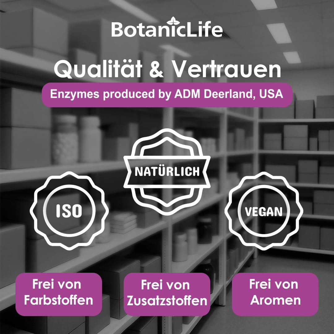Regale mit Produkten. Text: BotanicLife. Qualität & Vertrauen. ISO, natürlich, vegan. Frei von Farbstoffen, Zusatzstoffen, Aromen.