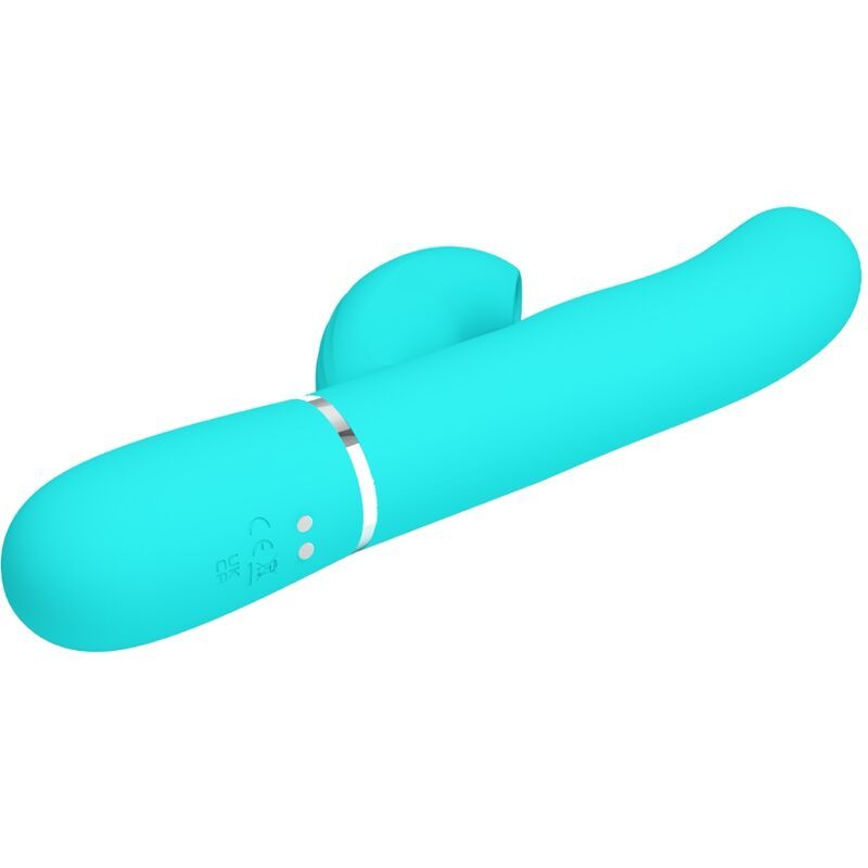 Türkisfarbener Vibrator mit gebogenem Ende und zylindrischem Hauptteil. Bedienknöpfe am unteren Ende.