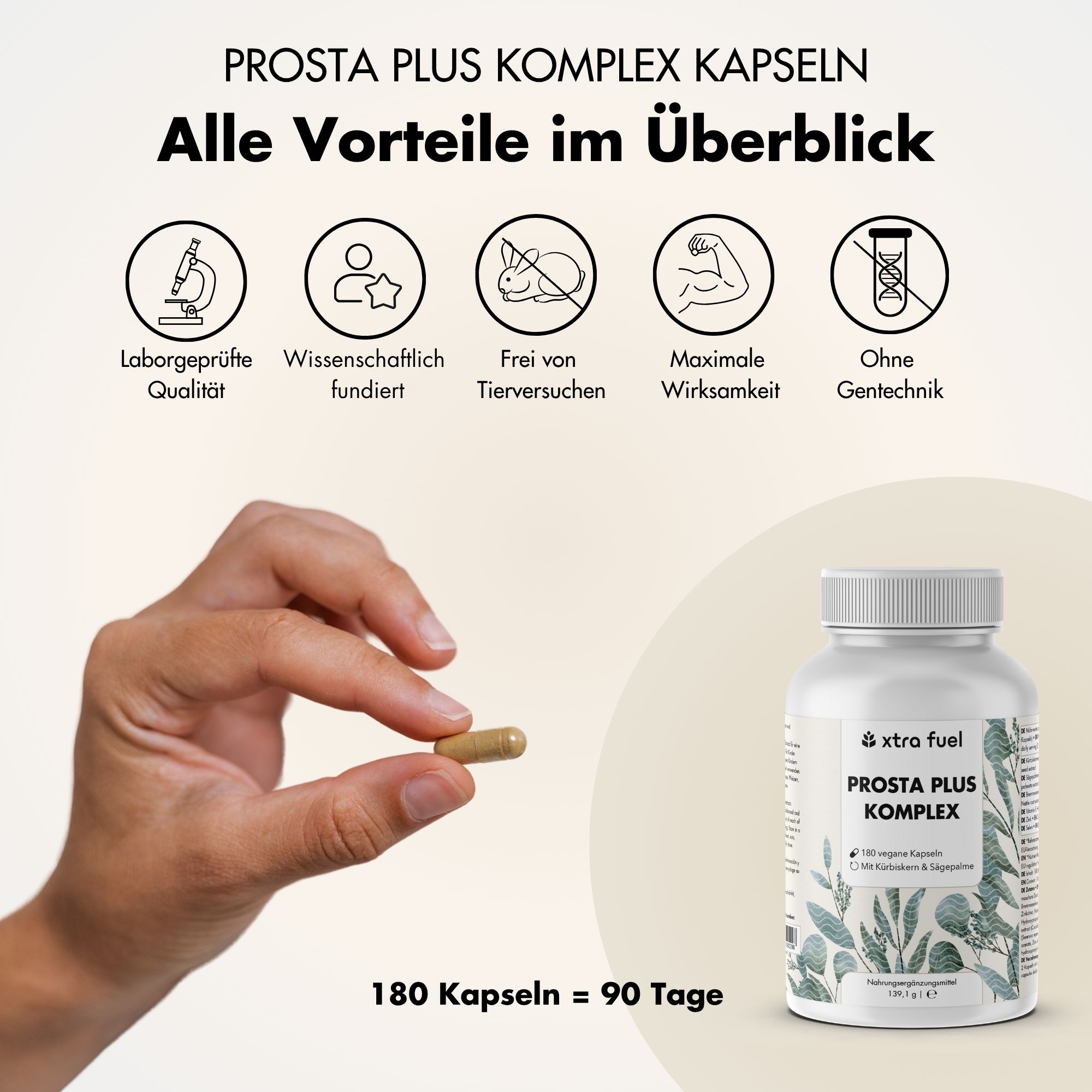 Kapsel in Hand. Flasche mit XTRA FUEL Prostata Komplex. Vorteile: Laborgeprüft, wissenschaftlich fundiert, tierversuchsfrei, maximale Wirkung.