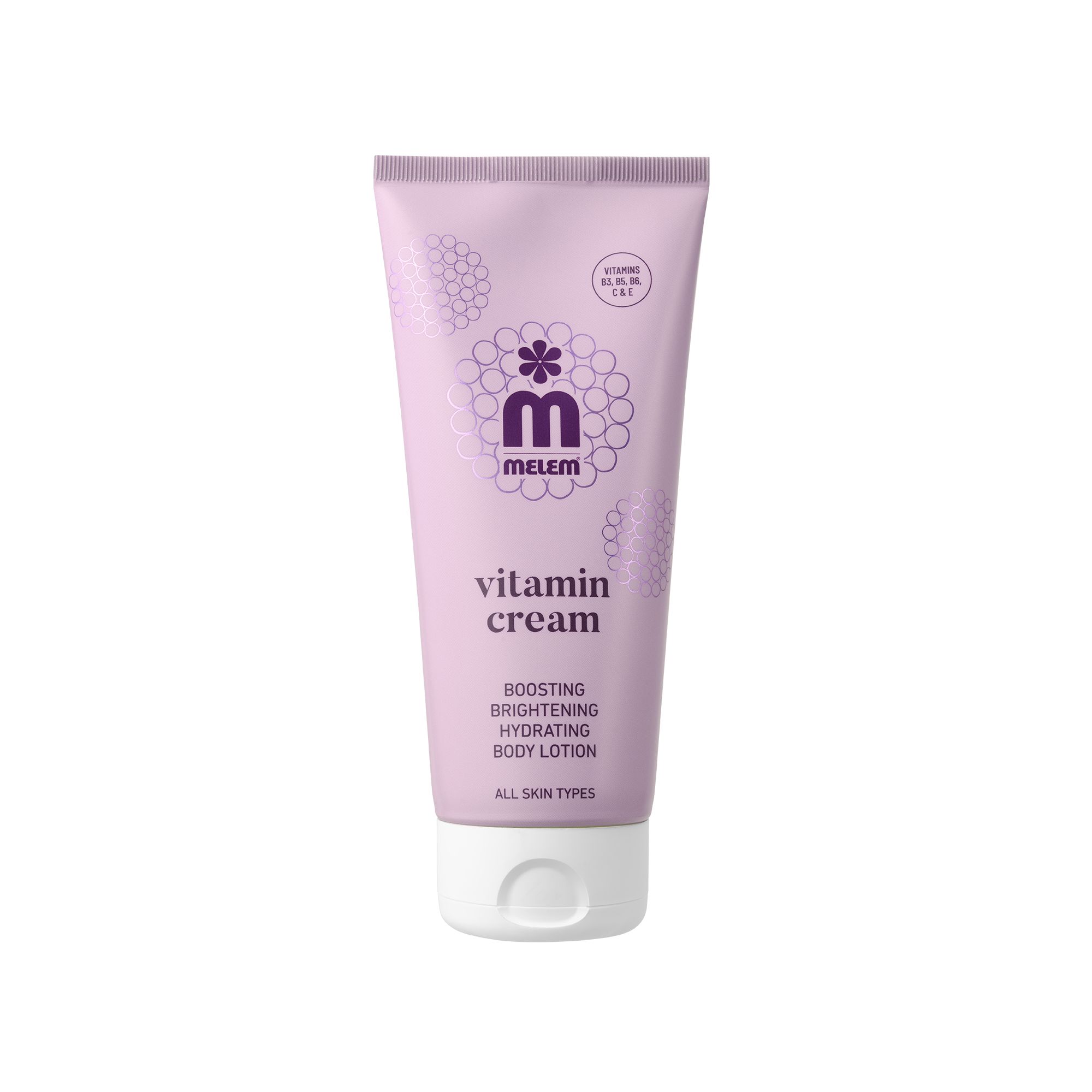 Rosa Tube mit weißem Deckel. Aufschrift: Vitamin Cream, Boosting, Brightening, Hydrating Body Lotion. Marke: Melem.