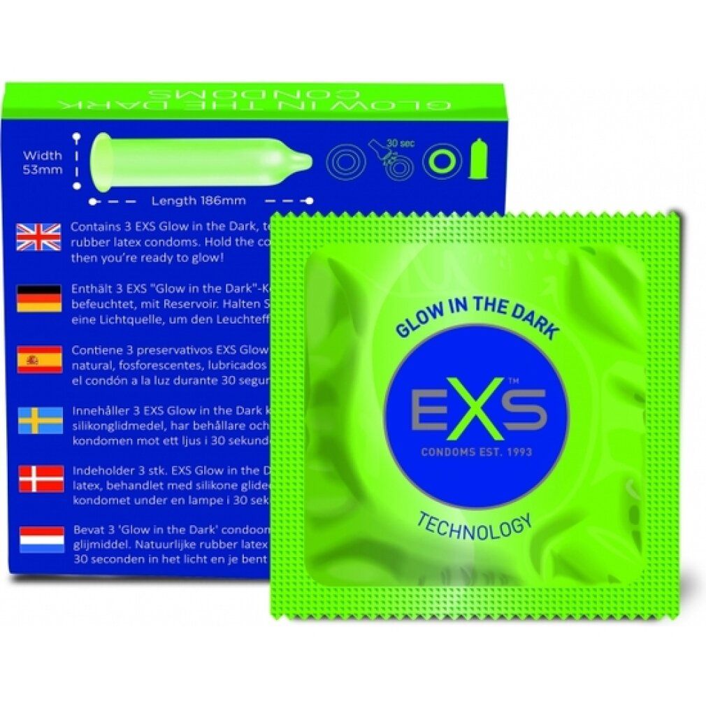 Schachtel und Kondom-Päckchen. Text: 'Glow in the Dark', EXS Logo, 3 Kondome.