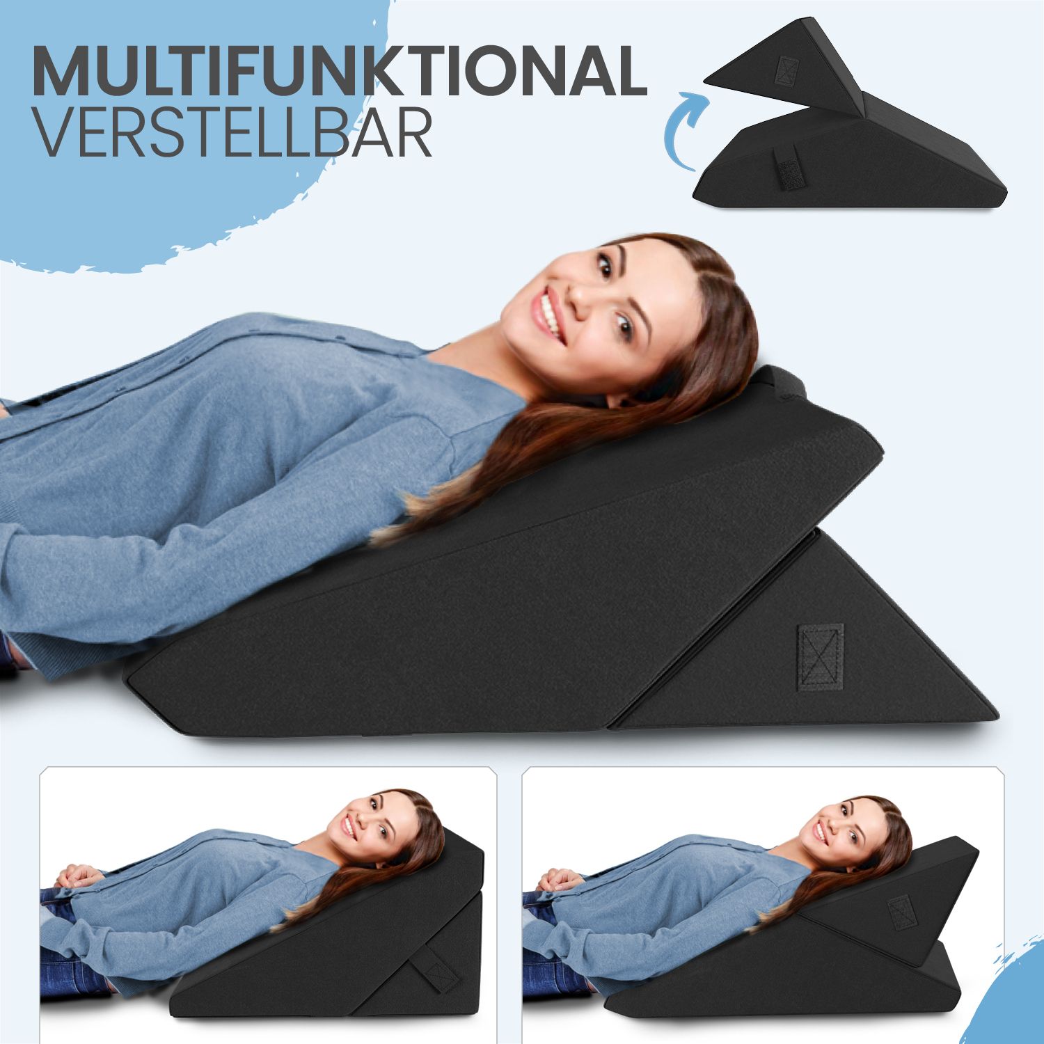Schwarzes, verstellbares Keilkissen. Frau liegt auf dem Kissen. Text: Multifunktional verstellbar.