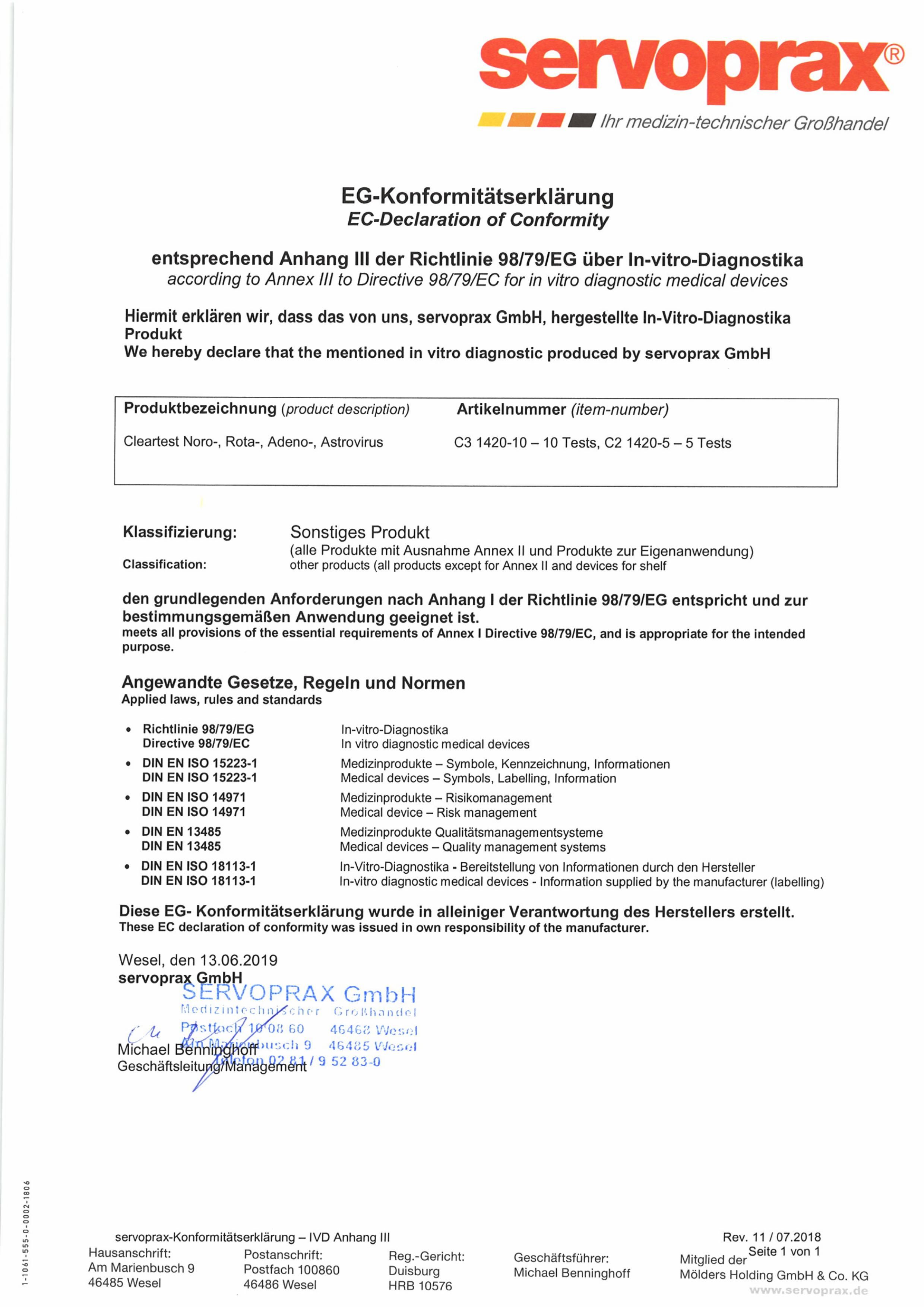 EG-Konformitätserklärung für In-vitro-Diagnostika. Produkt: Cleartest Noro-, Rota-, Adeno- Test. Hersteller: servoprax GmbH.