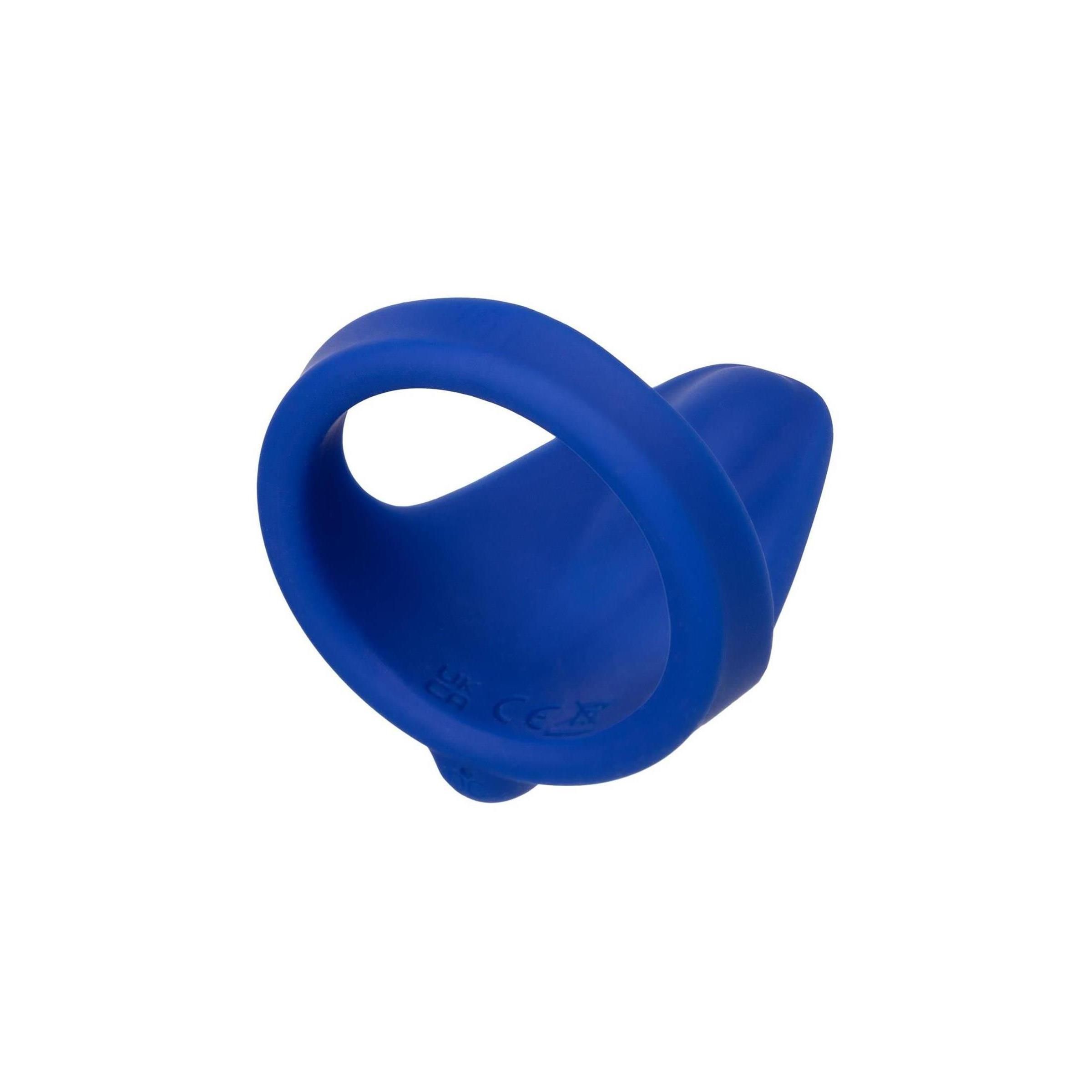 Blauer Ring mit abgerundeter Spitze. Auf der Oberfläche ist ein Symbol. Aus Silikon.